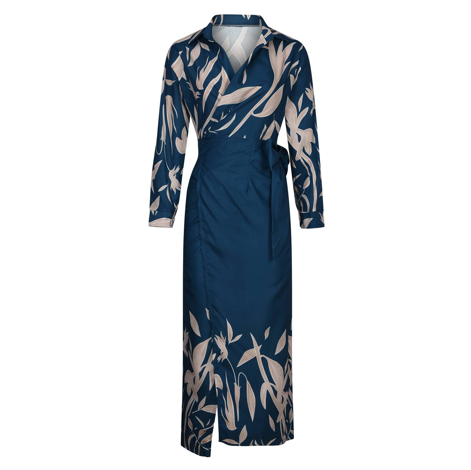 Elegant Women's Fall Long Sleeve Pencil Dress with Floral Print, Lace-Up Lapel & Side Slit - Perfect for Office Wear, Date Nights & Autumn Parties