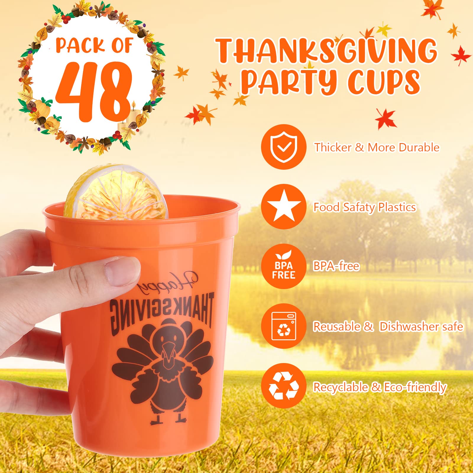 Happy Thanksgiving Plastic Party Cups - 12 oz Reusable Orange & Black Turkey Design Tumblers (48-Pack) - Perfect for Thanksgiving Dinner, Friendsgiving, and Holiday Party Supplies