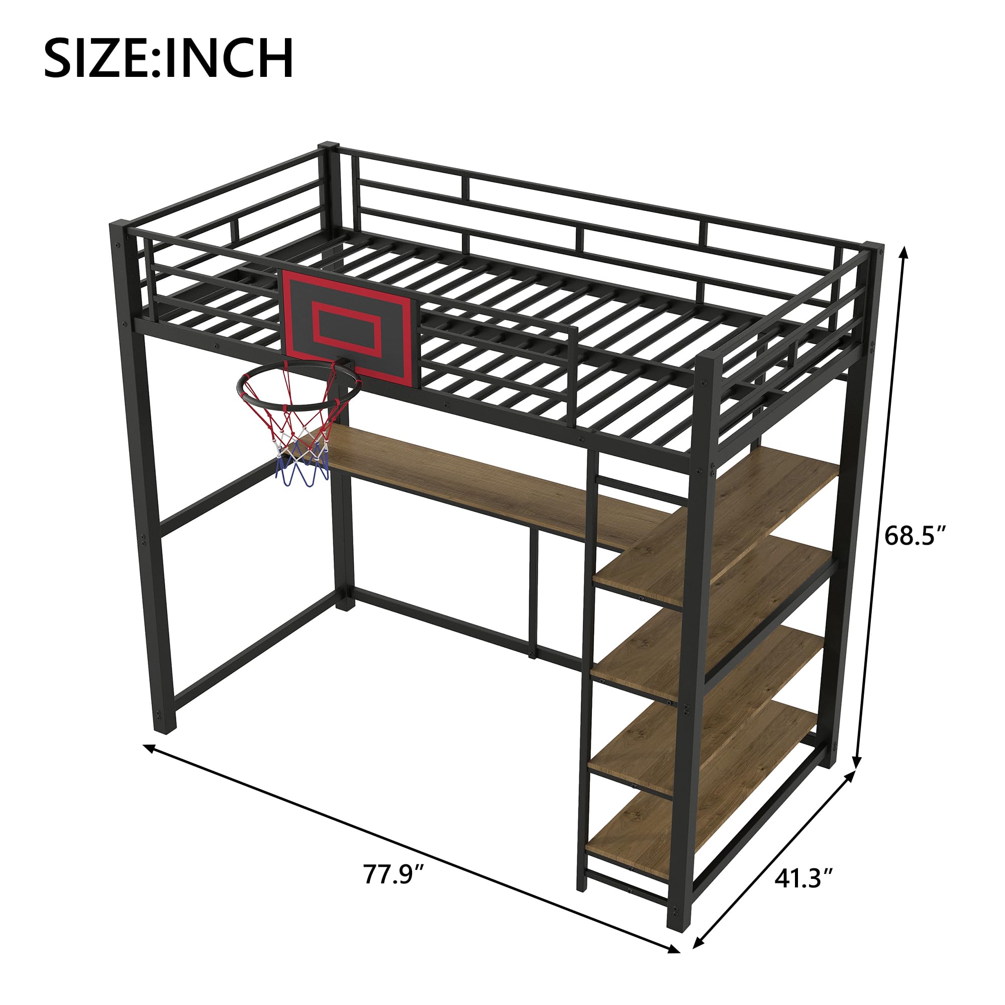 HABITRIO Twin Size Loft Bed with Shelves, Desk & Basketball Hoop - Sturdy Metal Frame for Kids & Teens - Space-Saving Study & Play Solution for Small Bedrooms (Black)