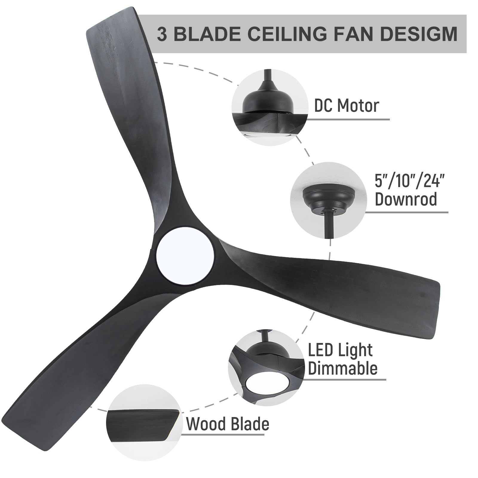 52 Inch Black Ceiling Fan with Lights & Remote - 3 Blade Solid Wood DC Motor Fan, Dimmable LED Light - Modern Indoor/Outdoor Ceiling Fan for Bedroom, Patio, Porch, Living Room & Office - Energy Efficient & Quiet Operation