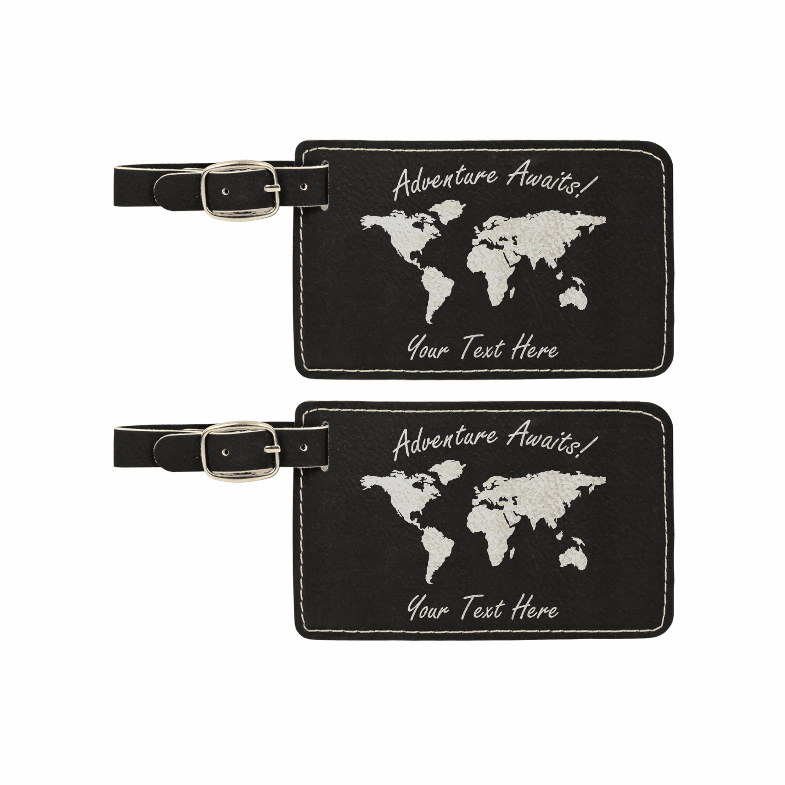Personalized Adventure Awaits World Map Luggage Tags - 2 Pack Laser Engraved Leatherette Travel Gift (Black/Pink) - Perfect for International Travel, Honeymoon & Business Trips