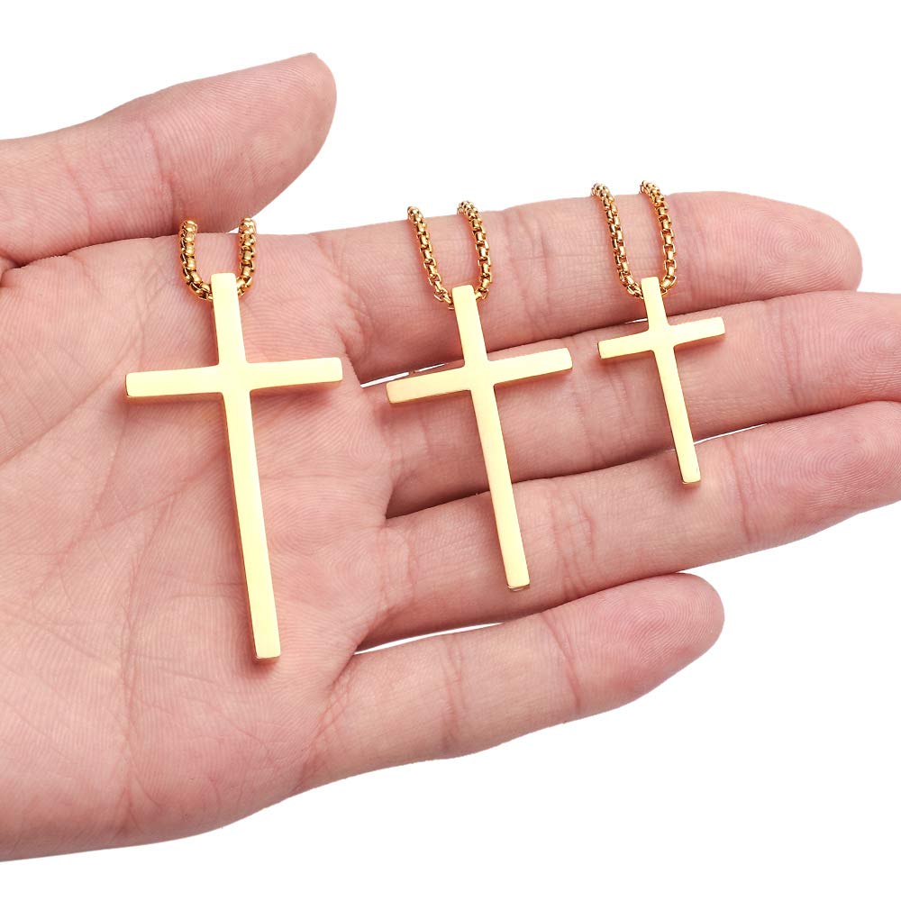 Men's Stainless Steel Cross Pendant Necklace - Silver, Black & Gold Plain Cross Necklace with Adjustable 16-30 Inch Box Chain | Religious Jewelry Gift for Baptism, Confirmation & Everyday Wear