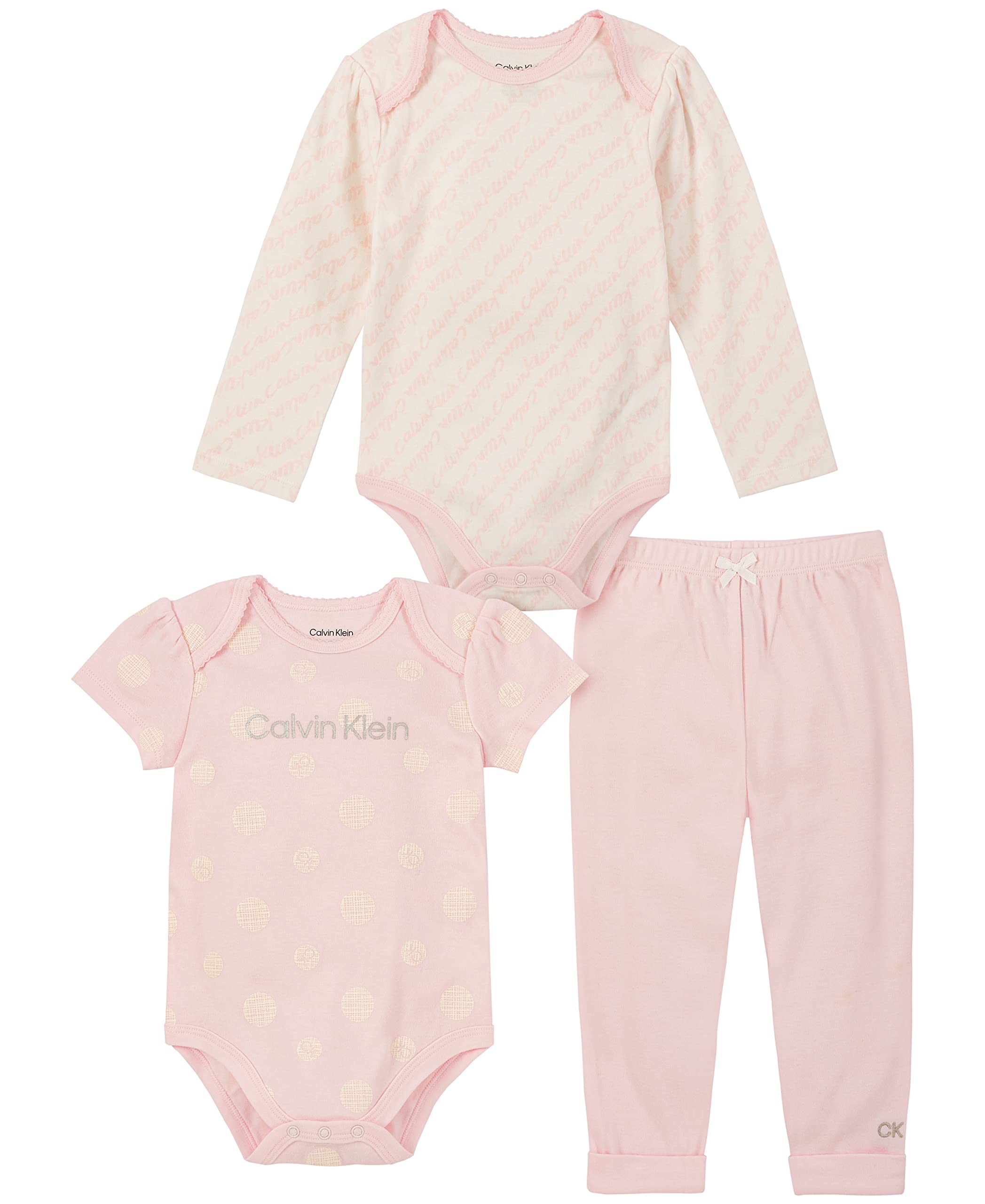 Calvin Klein Baby Girls 3-Piece Bodysuit & Pant Set - Soft Cotton Outfit for Newborns, Infants | Perfect for Playtime, Daycare & Photo Shoots