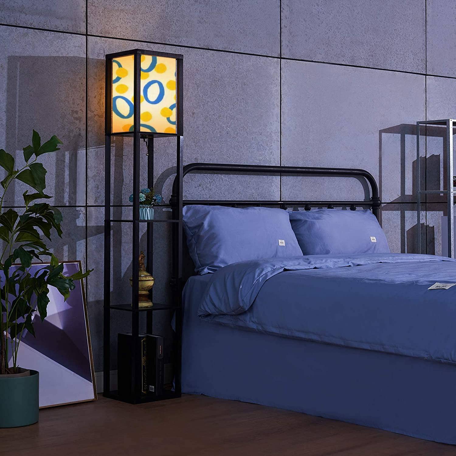 Hand Painted Blue and Yellow Seamless Pattern Floor Lamp with Shelves & Flaxen Fabric Shade - Tall Standing Corner Lamp for Living Room, Bedroom - Aesthetic Home Decor for Reading Nook, Cozy Nights & Modern Interior Design