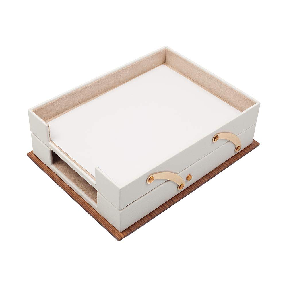 Premium Leather & Wood Desk Organizer Set - 11 Pcs Luxury Office Accessories with Double Tray, Desk Supplies for Home & Office (White) - Perfect for Executive Desks, Workstations & Home Office Organization