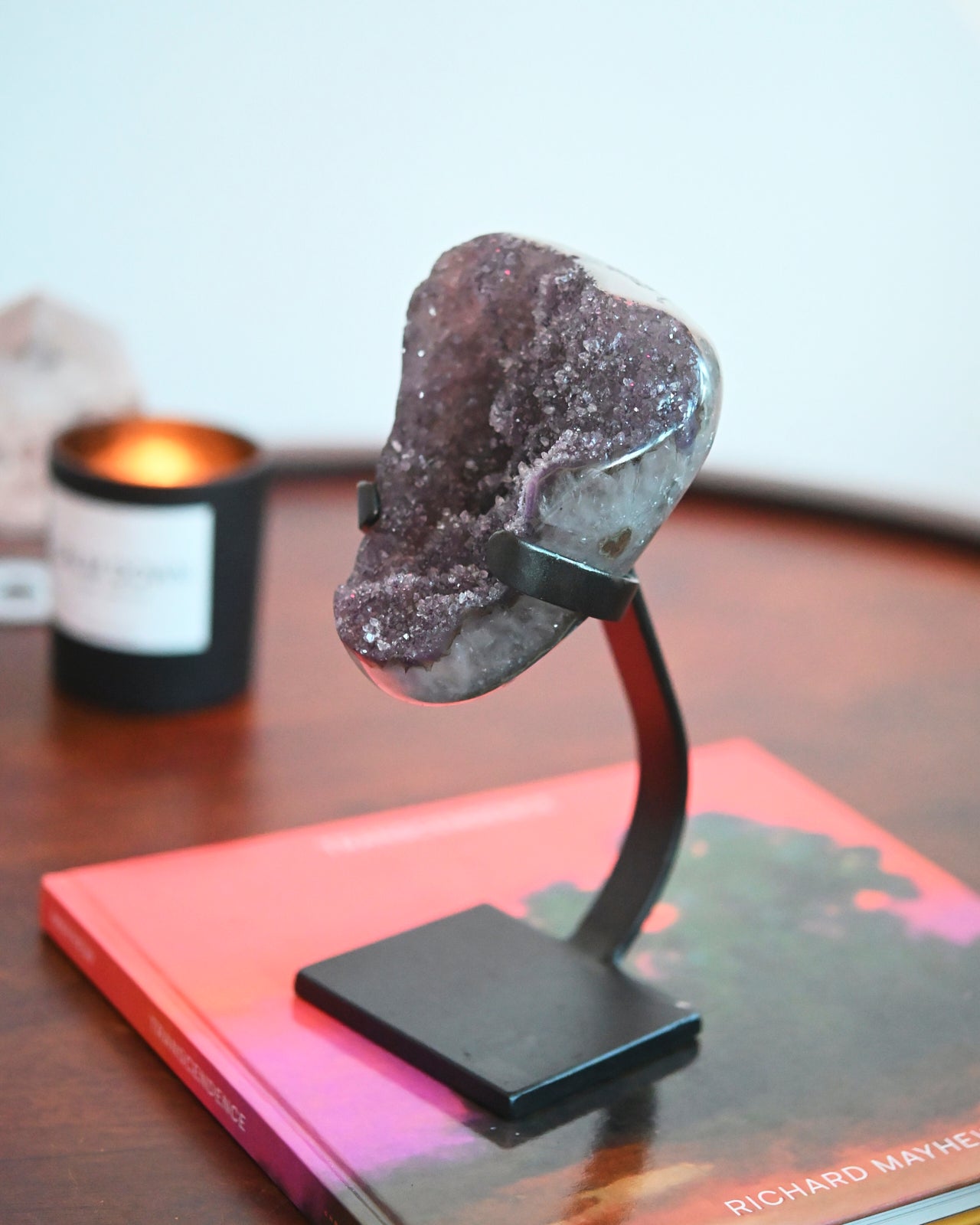 Natural Amethyst Crystal Geode on Wooden Stand - 3.1lbs Raw Purple Quartz Cluster for Home Decor, Meditation & Healing | Perfect for Living Room, Office & Spiritual Space