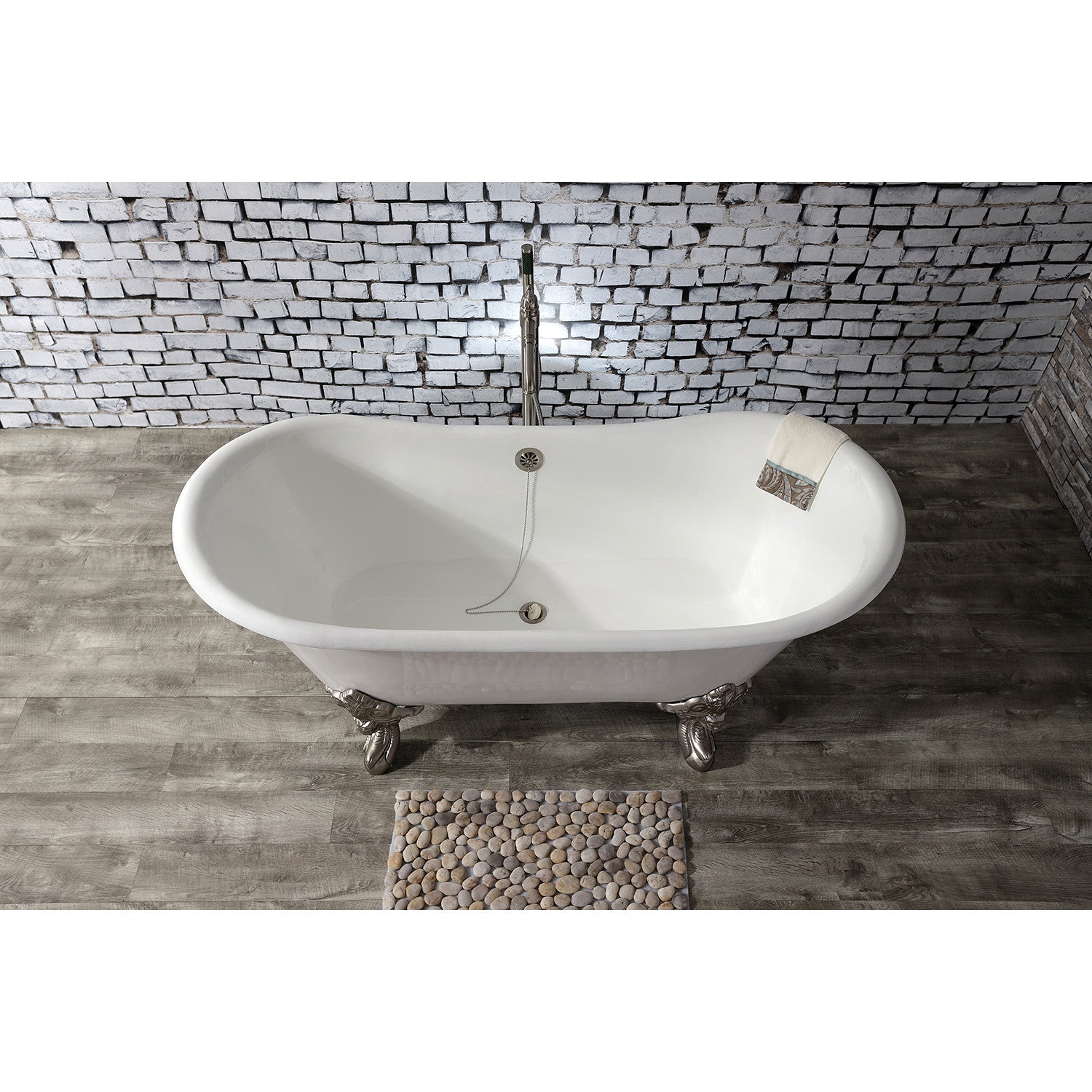 Aqua Eden 67 Inch White Cast Iron Oval Double Slipper Clawfoot Bathtub - Brushed Nickel Finish, No Faucet Drillings | Vintage Freestanding Soaking Tub for Master Bathroom, Luxury Spa Retreat, Classic Bathroom Centerpiece