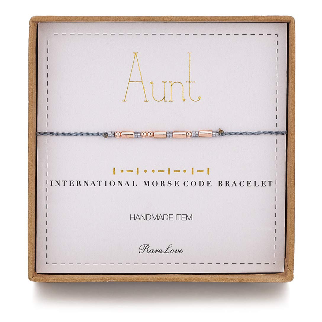 RareLove Morse Code Bracelet for Aunt - Rose Gold Beaded Grey String Bracelet, Best Christmas Gift for Women - Perfect for Birthdays, Anniversaries & Special Occasions