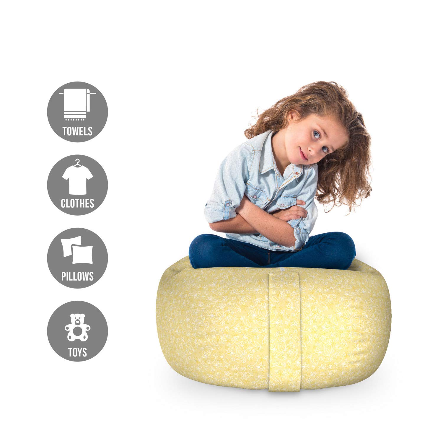 Ambesonne Floral Yellow Storage Toy Bag Chair - Pastel Flower Pattern Stuffed Animal Organizer, Washable Small Kids' Storage Bag | Perfect for Nursery, Playroom & Bedroom Organization