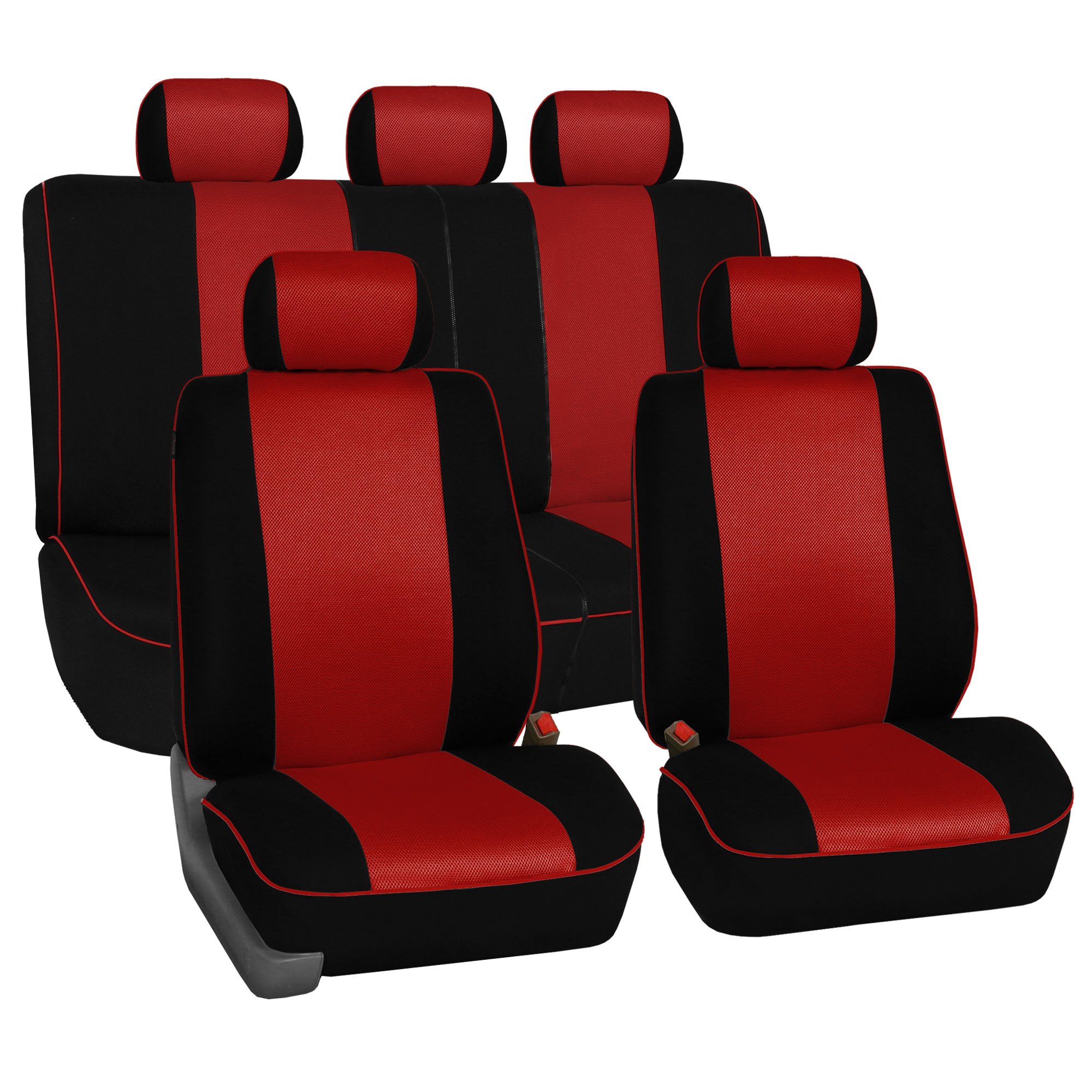 FH Group Universal Car Seat Covers Full Set - Red Cloth with Edgy Piping Design, Airbag Compatible & Split Rear for Cars, Trucks, SUVs | Durable Interior Accessories for Daily Commute, Road Trips & Family Protection