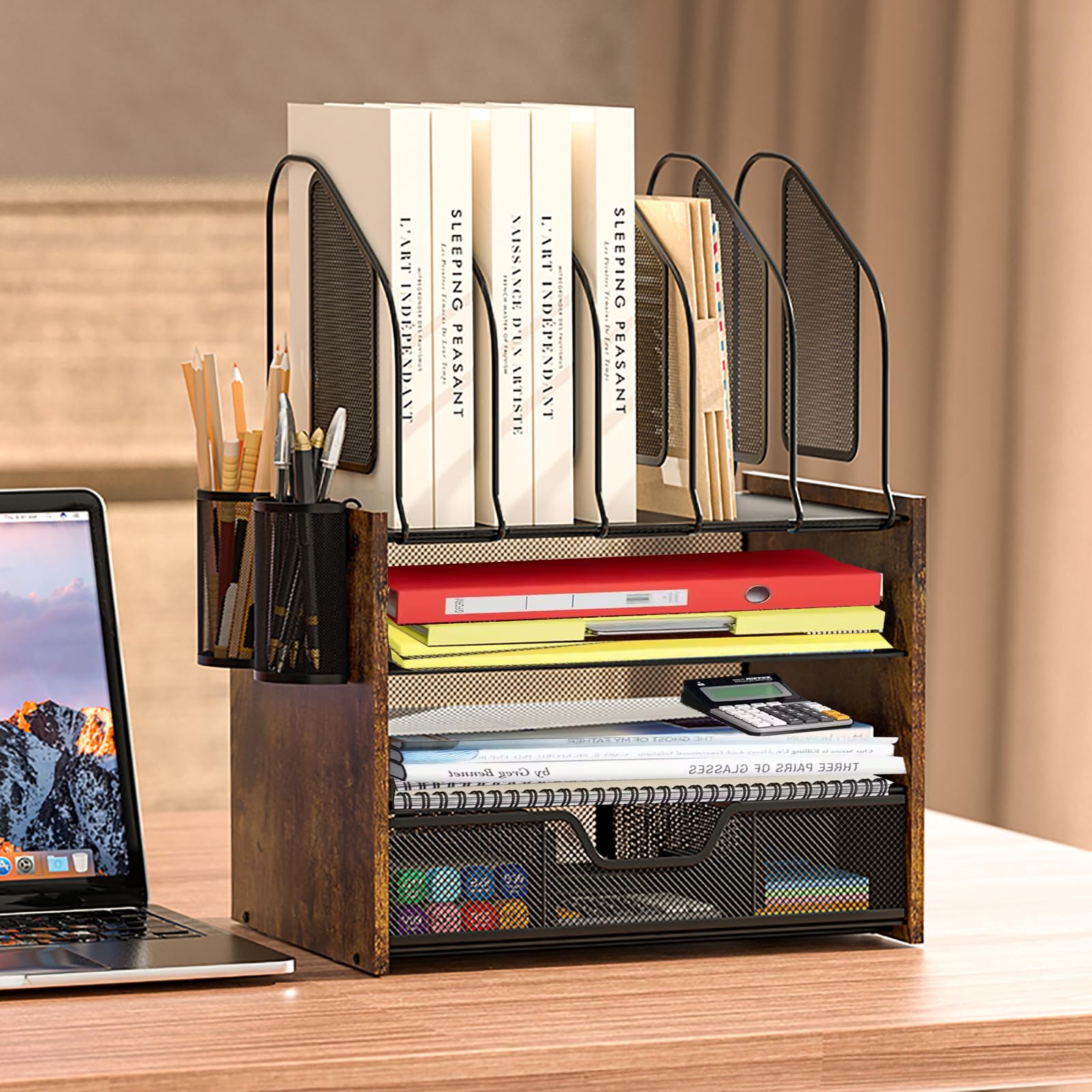 4-Tier Wooden Desk Organizer with Drawer, Paper Tray, Letter Tray & Vertical File Holder - Includes 2 Pencil Holders for Office, Home & School Organization