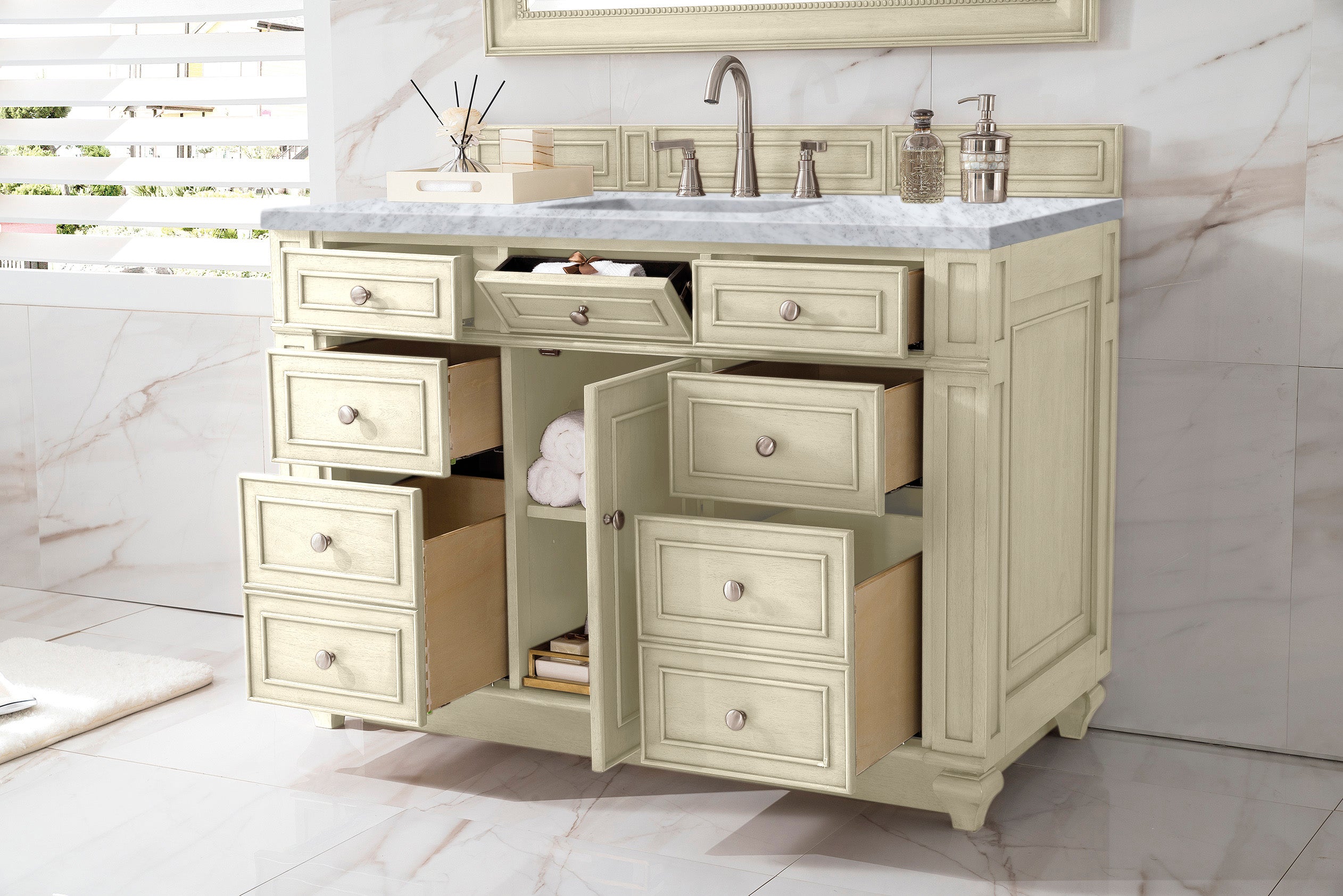 Bristol 48 Inch Single Bathroom Vanity with 3CM Carrara Marble Top in Vintage Vanilla - Perfect for Modern Farmhouse, Coastal, or Traditional Bathroom Designs