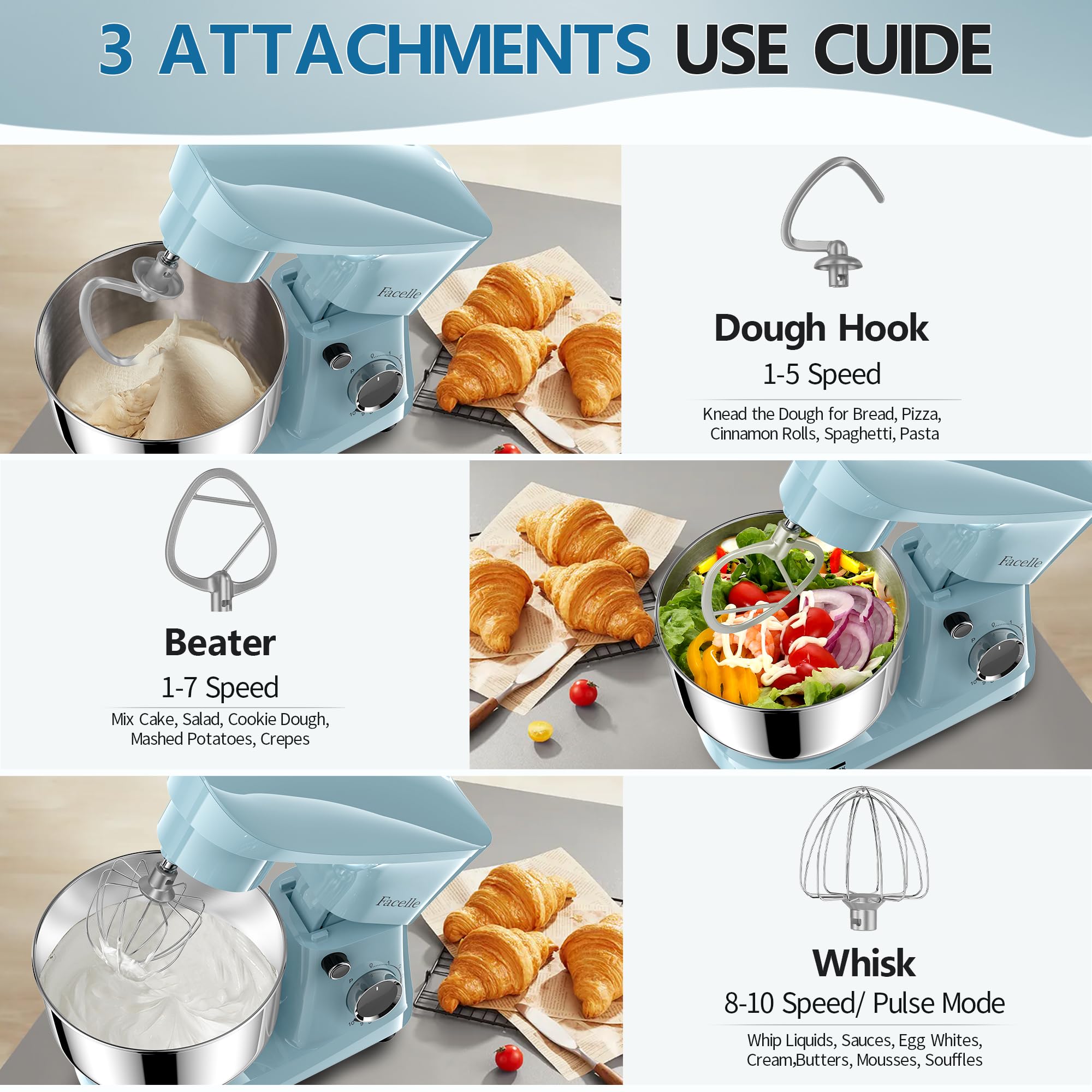 Facelle 10-Speed 6QT Stand Mixer, Tilt-Head Electric Kitchen Mixer with Beater, Dough Hook & Wire Whip - Perfect for Baking Cakes, Cookies, Bread & Pastries at Home (Blue)