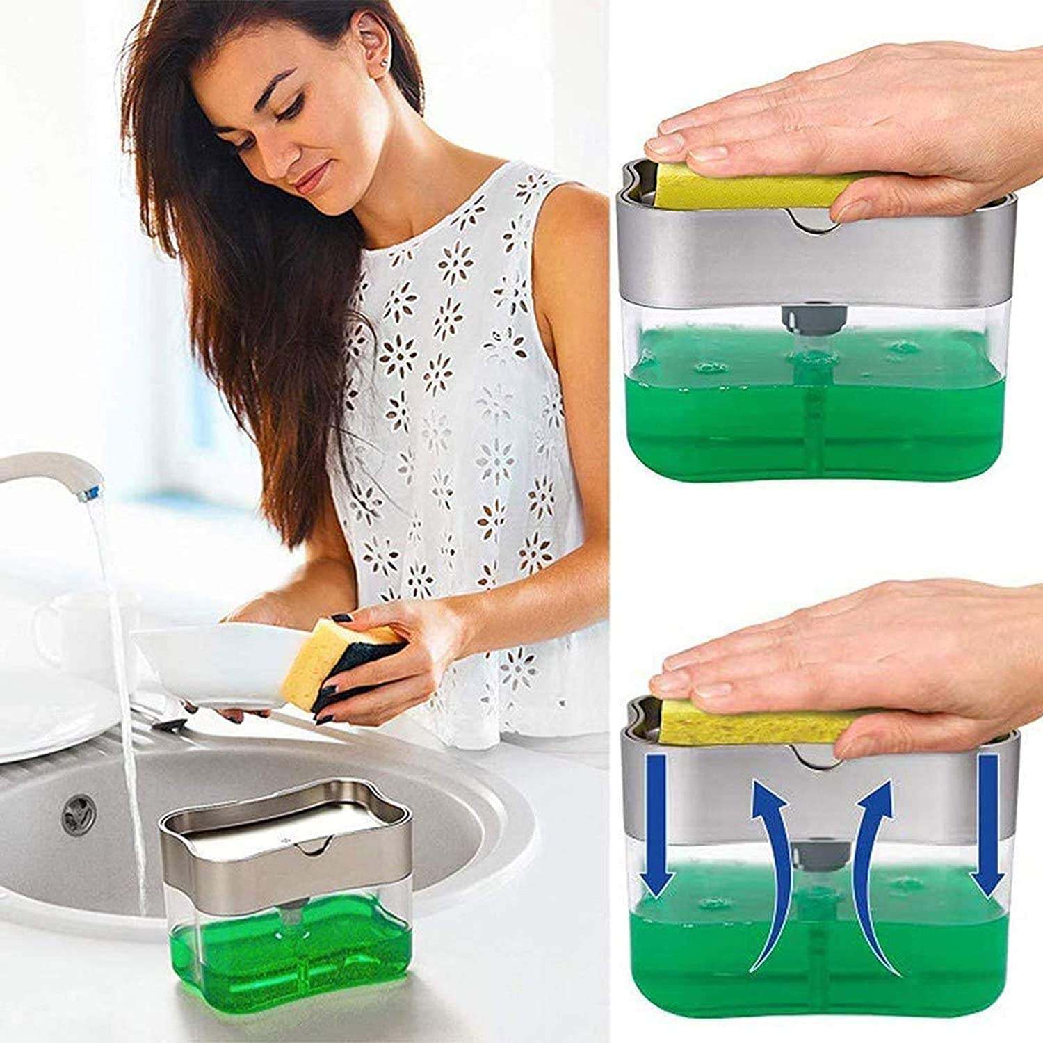 DIYASHI® 2-in-1 Unbreakable Soap Dispenser with Sponge Holder - Plastic Liquid Container for Bathroom, Kitchen & Dishwasher - Ideal for Hand Soap, Dish Soap & Cleaning Solutions