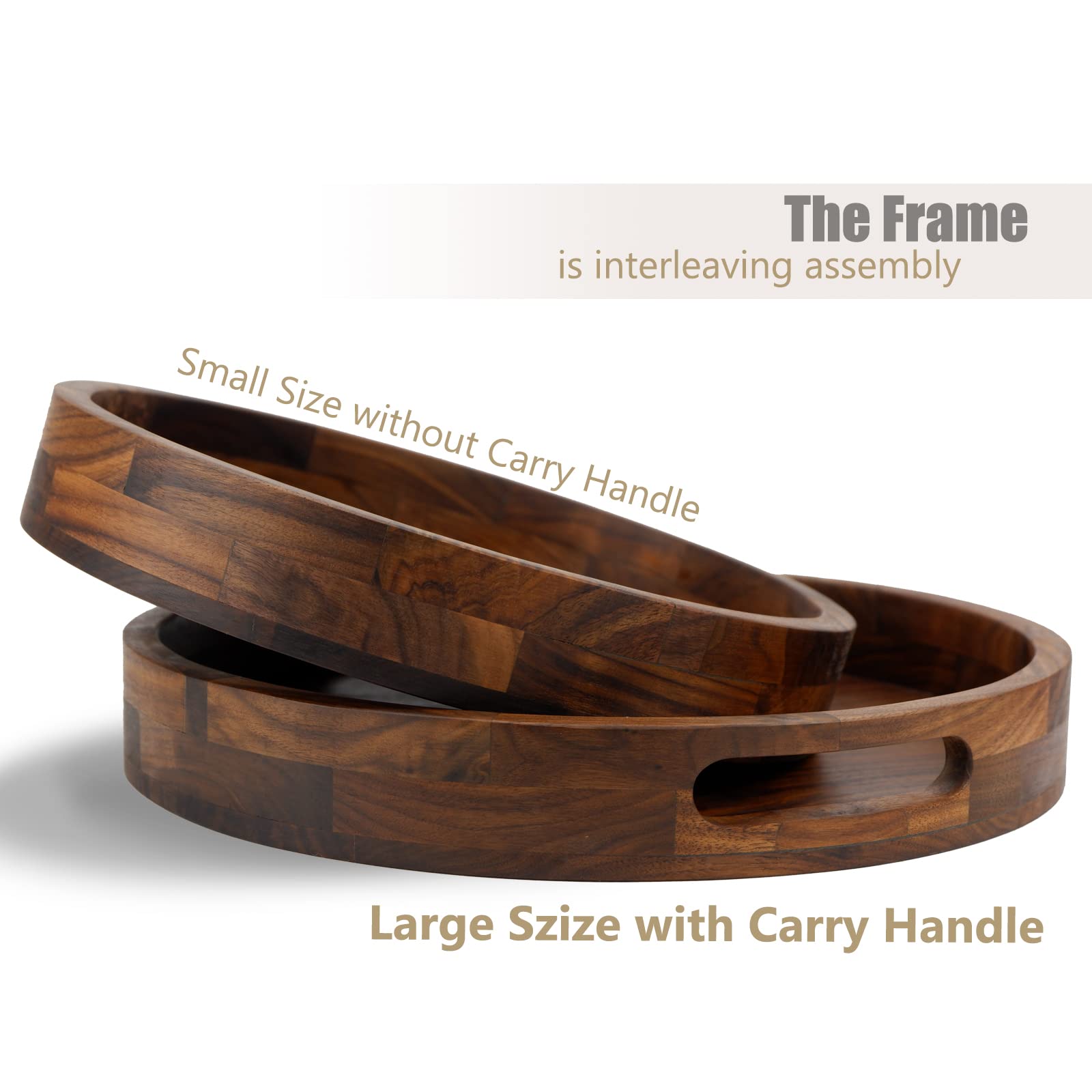 Set of 2 Large Round Black Walnut Wood Ottoman Trays with Handles - 14 & 12 Inch Classic Wooden Serving Tray for Tea, Coffee & Decor - Perfect for Living Room, Bedroom & Coffee Table Use