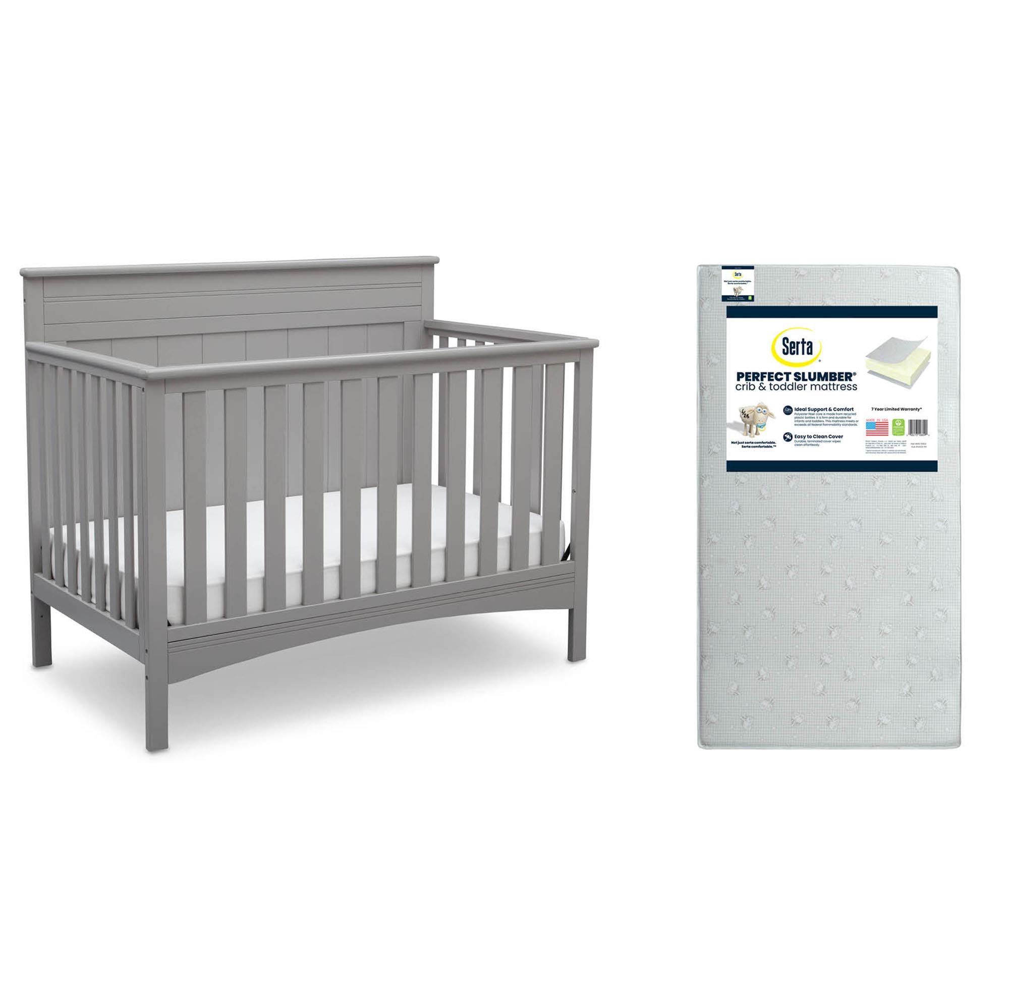 Delta Children 4-in-1 Convertible Crib with Serta Toddler Mattress - Grey Nursery Furniture Set | Safe Sleep Solution for Babies & Toddlers | Perfect for Modern Nursery, Daycare or Guest Room