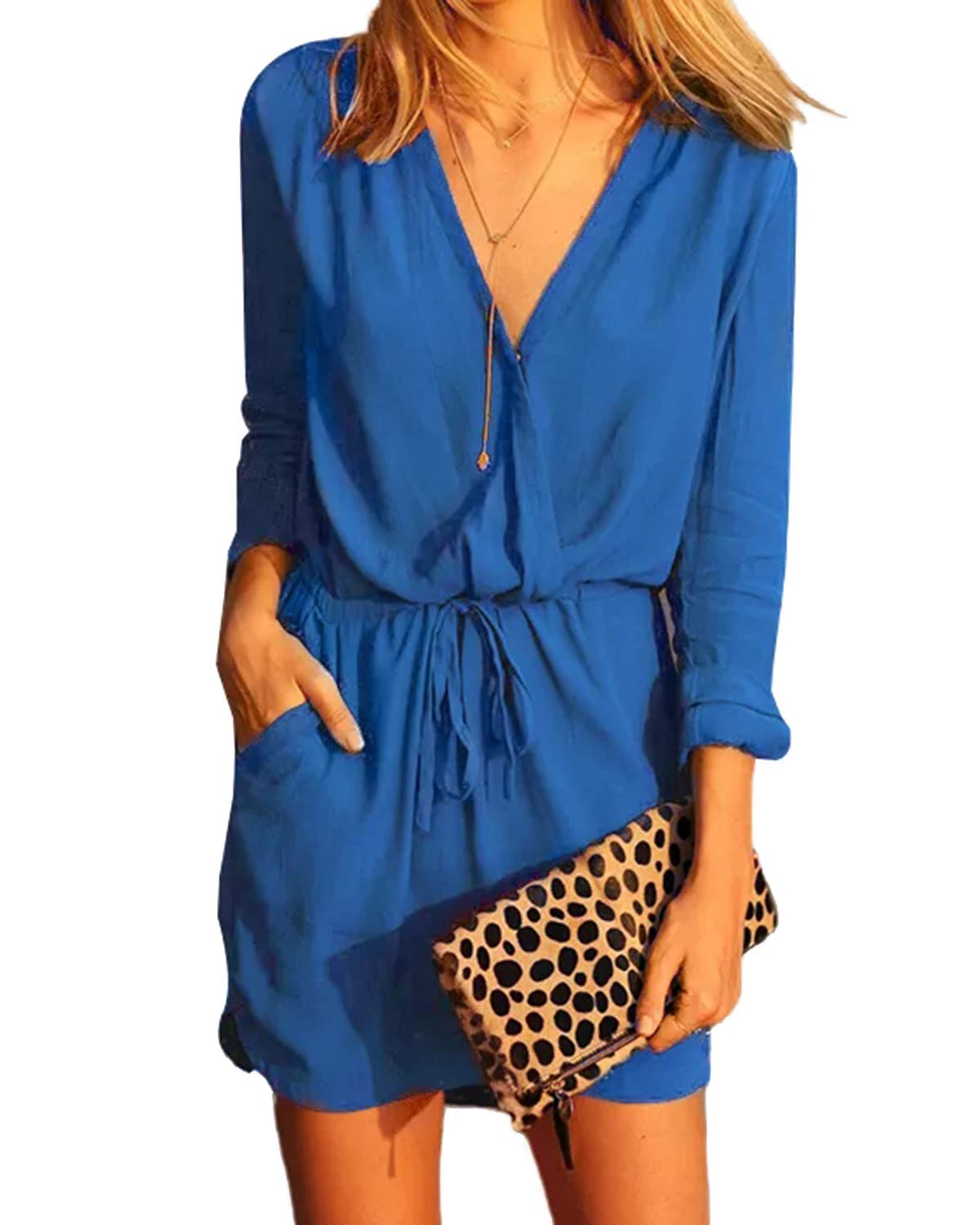 YOINS Women's Summer Long Sleeve V-Neck Mini Dress with Tie Waist & Pockets - Casual Flowy Dress for Beach, Date Night & Outdoor Activities