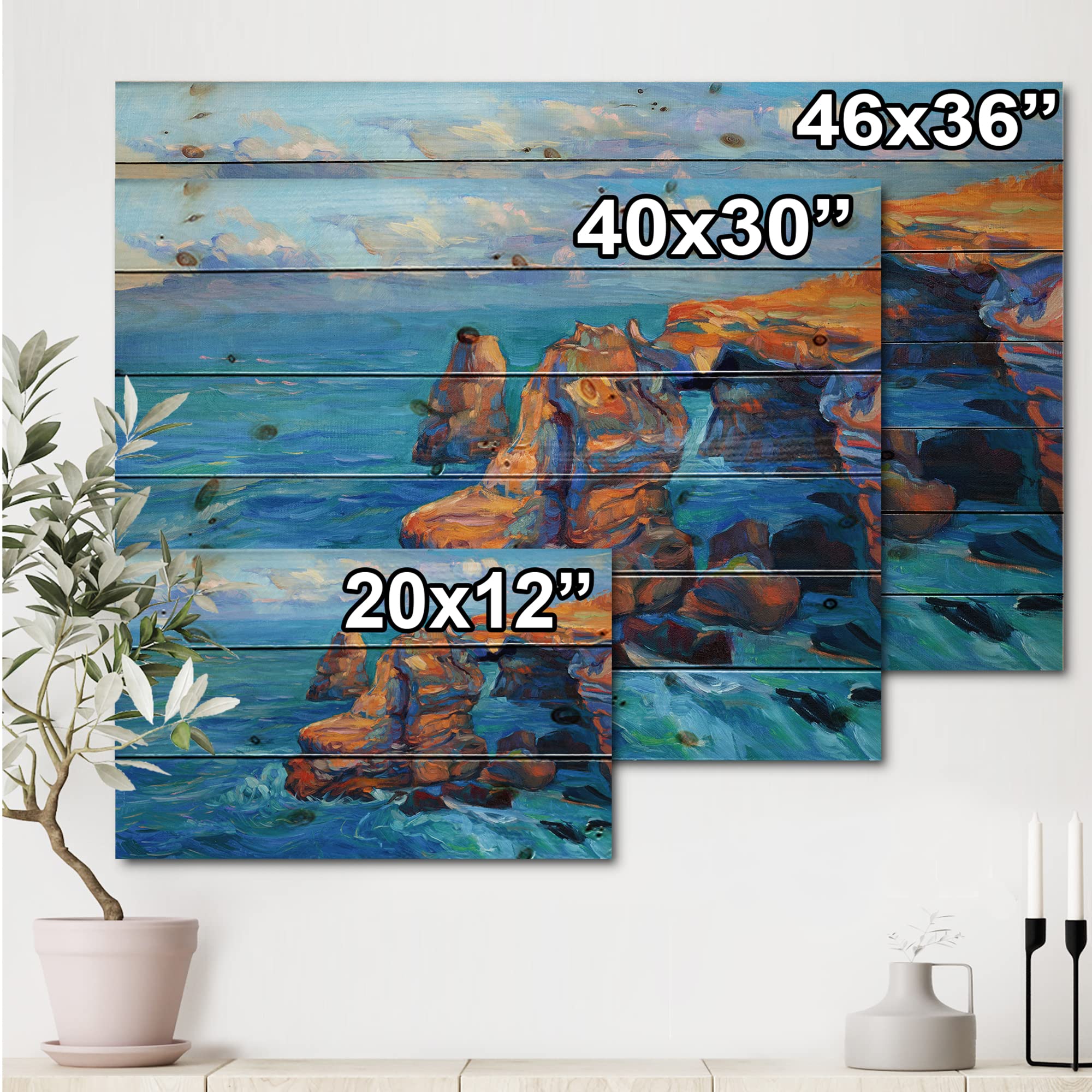 Cliffs By The Blue Ocean Nautical Coastal Wood Wall Art - Large Beach Wood Wall Panels Printed on Natural Pine - Perfect for Coastal Living Rooms, Beach House Decor & Ocean-Themed Bedrooms