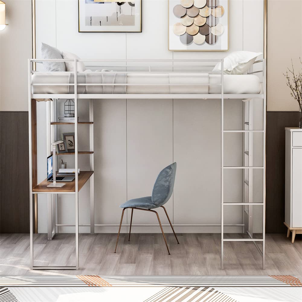 Full Size Metal Loft Bed Frame with Built-in Desk, 2 Shelves & Schedule Board - Sturdy Space-Saving Bed with Safety Guardrails & Dual Ladders - No Noise, No Box Spring Needed (Silver) - Perfect for Small Apartments, Dorms & Kids' Rooms