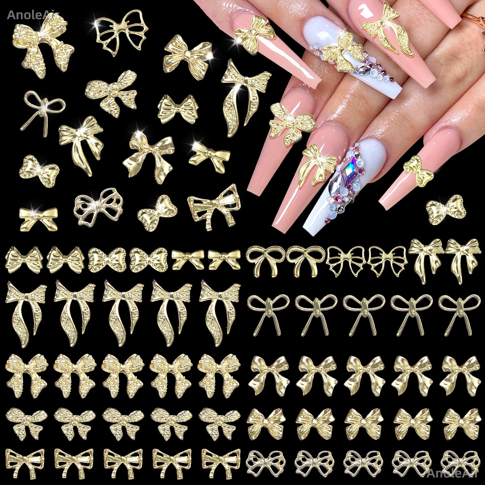 180 Pcs Gold Bow Nail Charms - 3D Alloy Nail Art Studs & Rivets for Acrylic Nails, DIY Y2K Nail Jewelry - Perfect for Manicures, Nail Extensions & Party Nail Designs