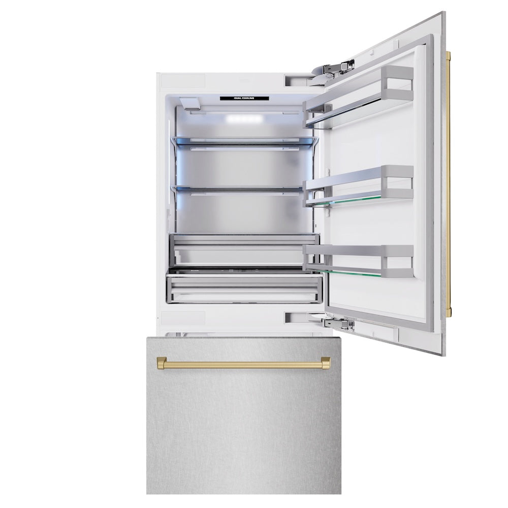 ZLINE Autograph Edition 36 Inch Built-In Bottom Freezer Refrigerator - 19.8 cu.ft Capacity with Water Dispenser & Ice Maker - Satin Stainless Steel with Champagne Bronze Accents (RBITZ SN 36 CB) - Perfect for Modern Kitchens, Open-Concept Homes & Luxury Appliances Collection