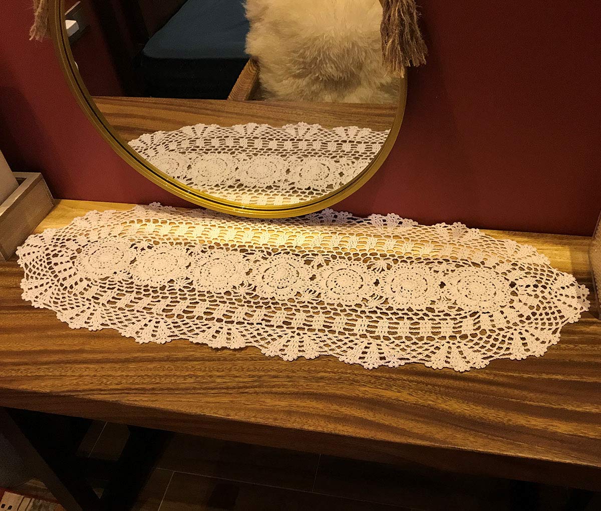 Handmade Crochet Cotton Table Runner - Beige Lace Doily Oval Dresser Scarf (11.8 x 35 Inches) for Dining Table, Coffee Table, and Home Decor