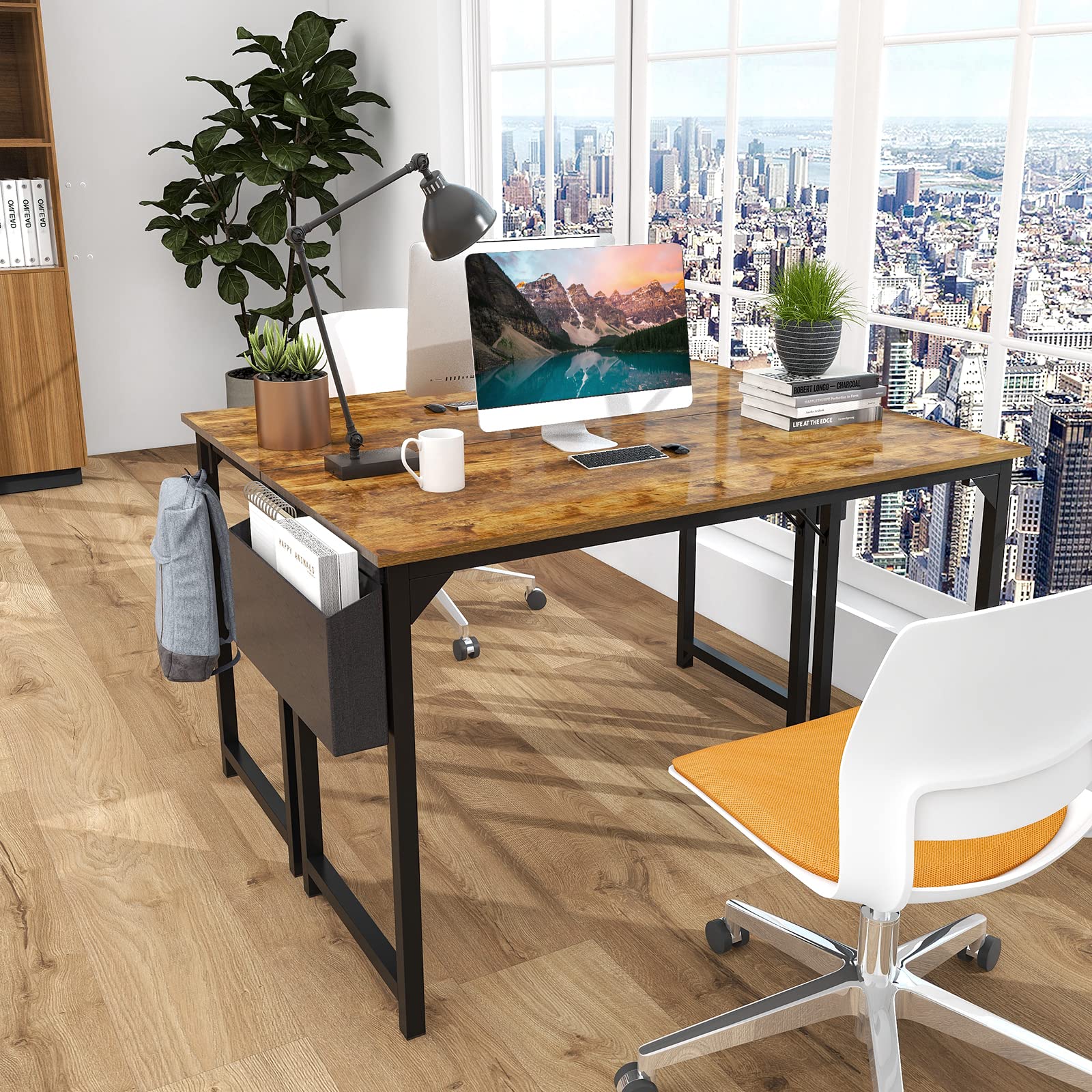 Compact 40 Inch Small Computer Desk for Home Office - Modern Simple Writing Desk with Storage Bag & Headphone Hook, Wooden Tabletop & Metal Frame - Perfect for Small Spaces, Bedroom Study, Remote Work & Online Classes