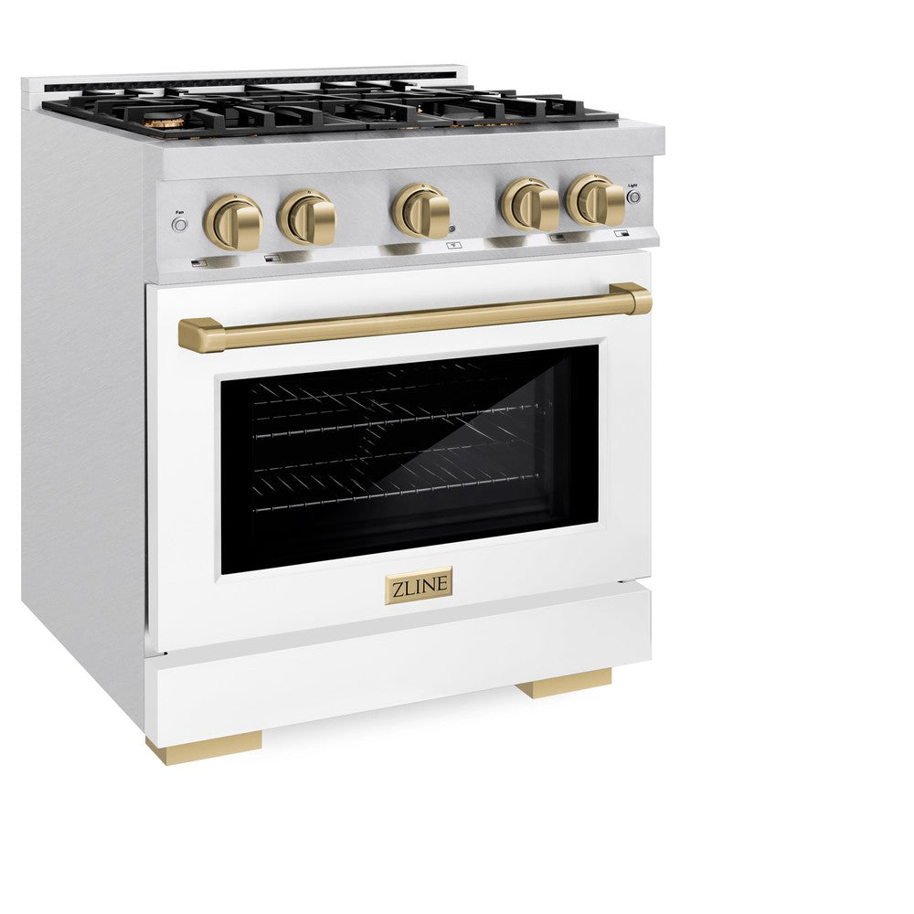 ZLINE Autograph Edition 30-inch 4.2 cu. ft. Dual Fuel Range with 4-Burner Gas Cooktop & Electric Convection Oven - Satin Stainless Steel, White Matte Door & Champagne Bronze Accents (HDRSZ WM 30 CB) - Perfect for Modern Kitchens, Home Chefs & Gourmet Cooking