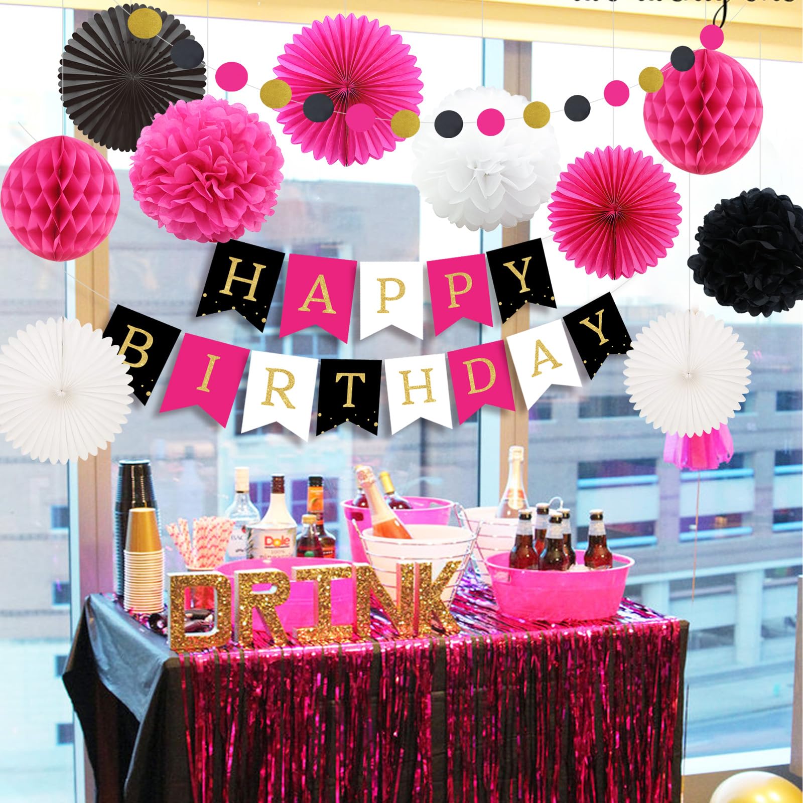 Hot Pink & Black White Happy Birthday Bunting Banner, Tissue Pom Poms, Paper Fans & Circle Dots – Elegant Birthday Party Decorations for Women & Girls – Perfect for Indoor & Outdoor Celebrations, Baby Showers & Bridal Showers