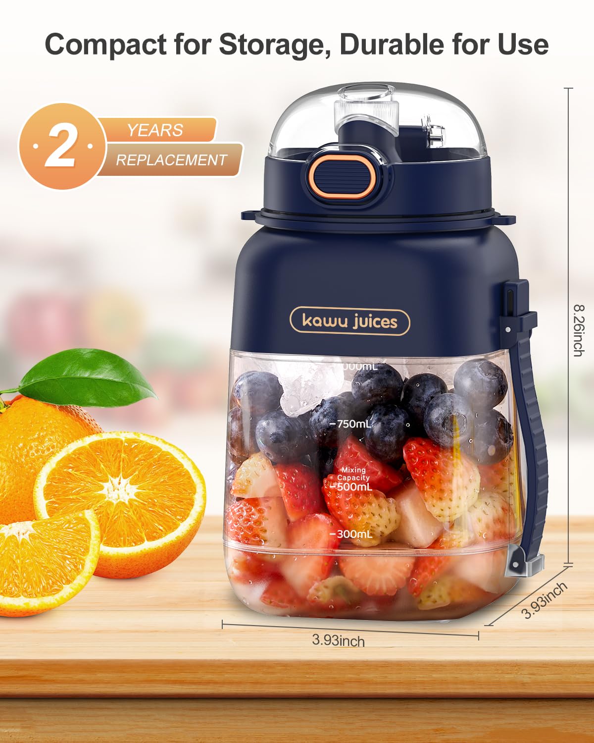 Kawu Portable Blender - 34.1oz USB-C Rechargeable Personal Smoothie Maker with Leakproof Lid & Sip Spout, BPA-Free, Dishwasher Safe - Perfect for Shakes, Protein Drinks, Baby Food & Travel - Includes Handle & Strap for On-the-Go Blending