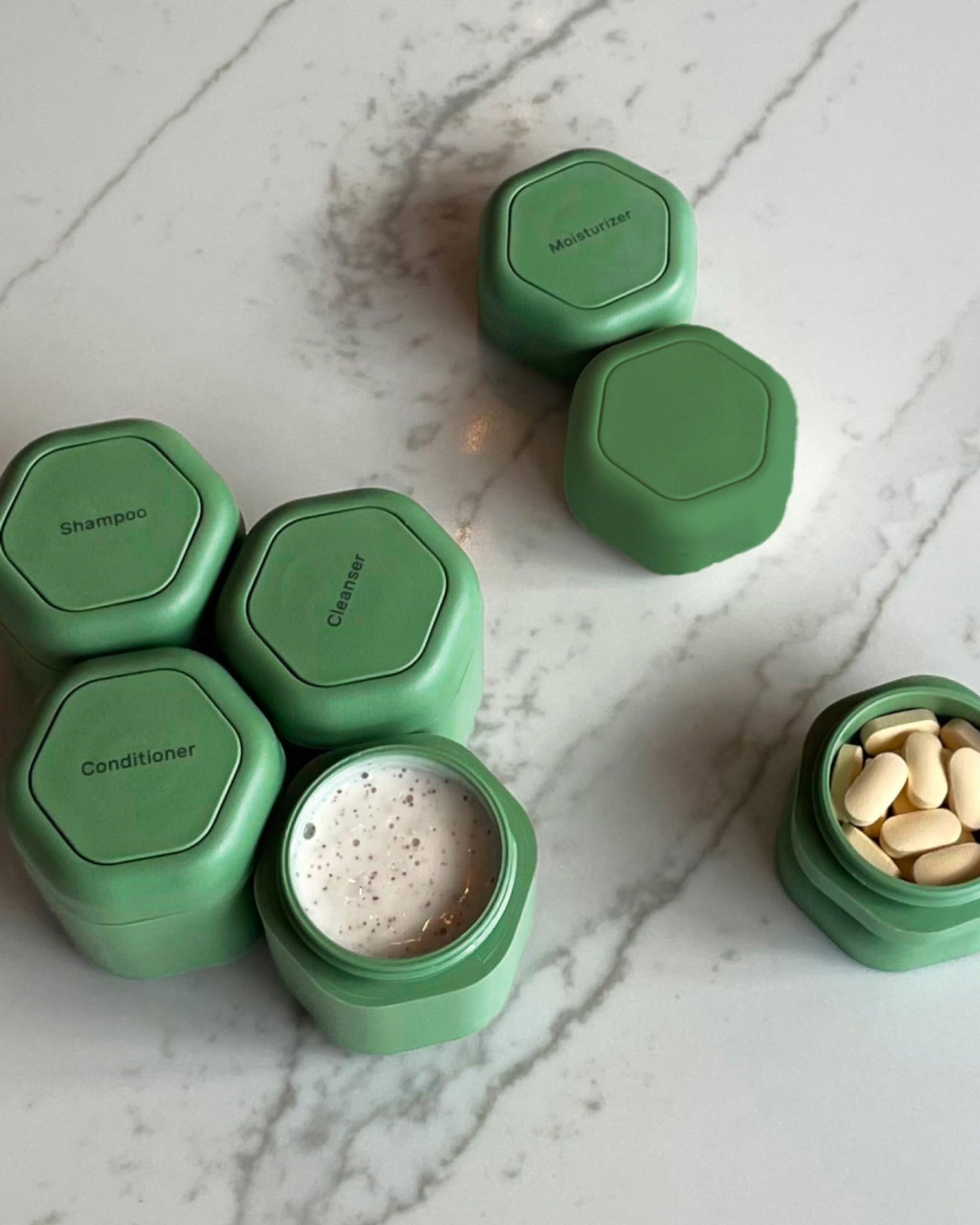 Cadence Magnetic Travel Containers Set - 4 Medium (1.32oz) & 3 Small (0.56oz) Leakproof Capsules for Shampoo, Conditioner, Body Wash, Pills - Daily Routine & Travel Essentials - Perfect for Gym, Vacation, Camping & Business Trips - Eucalyptus Scented