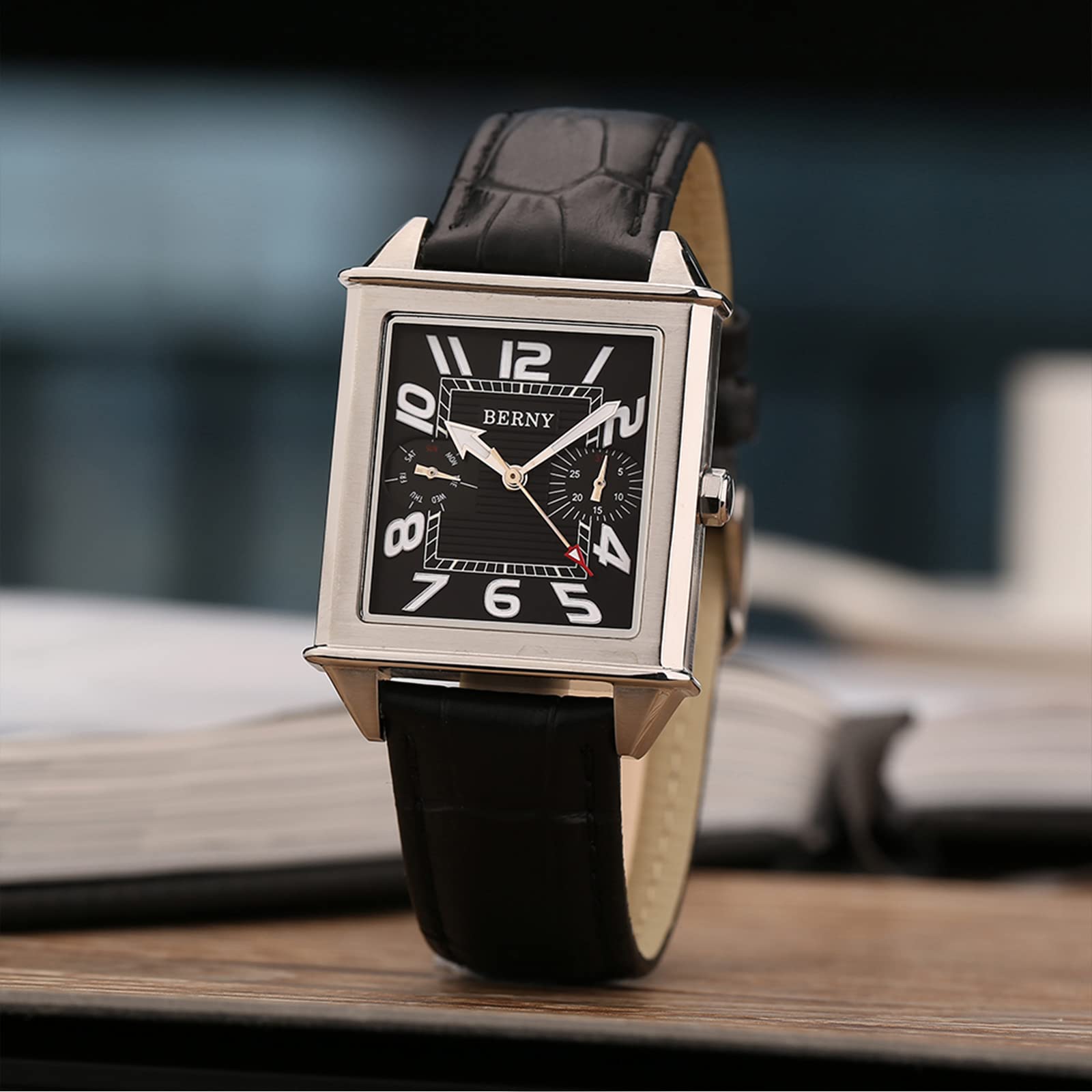 BERNY Men's Square Quartz Watch with Calendar - Rectangular Leather Strap Timepiece for Business & Casual Wear | Perfect for Office, Dating & Formal Events