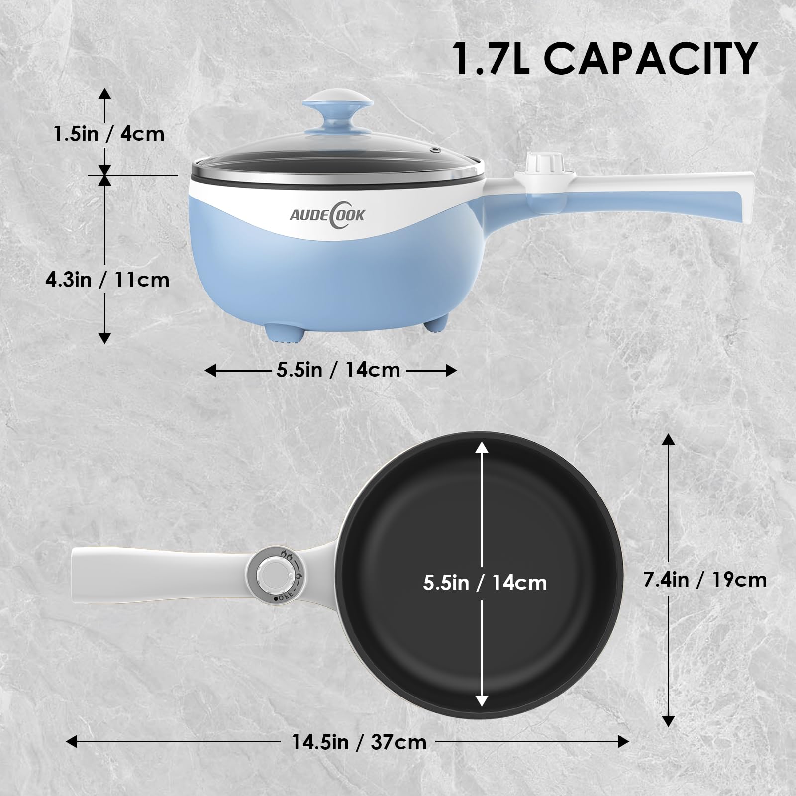 Audecook 1.7L Electric Hot Pot - Portable Nonstick Mini Skillet with Adjustable Temperature, Multi-Cooker for Noodles, Soup, Steak, Eggs & Oatmeal | Perfect for Dorm, Office, Travel & Small Kitchen Cooking