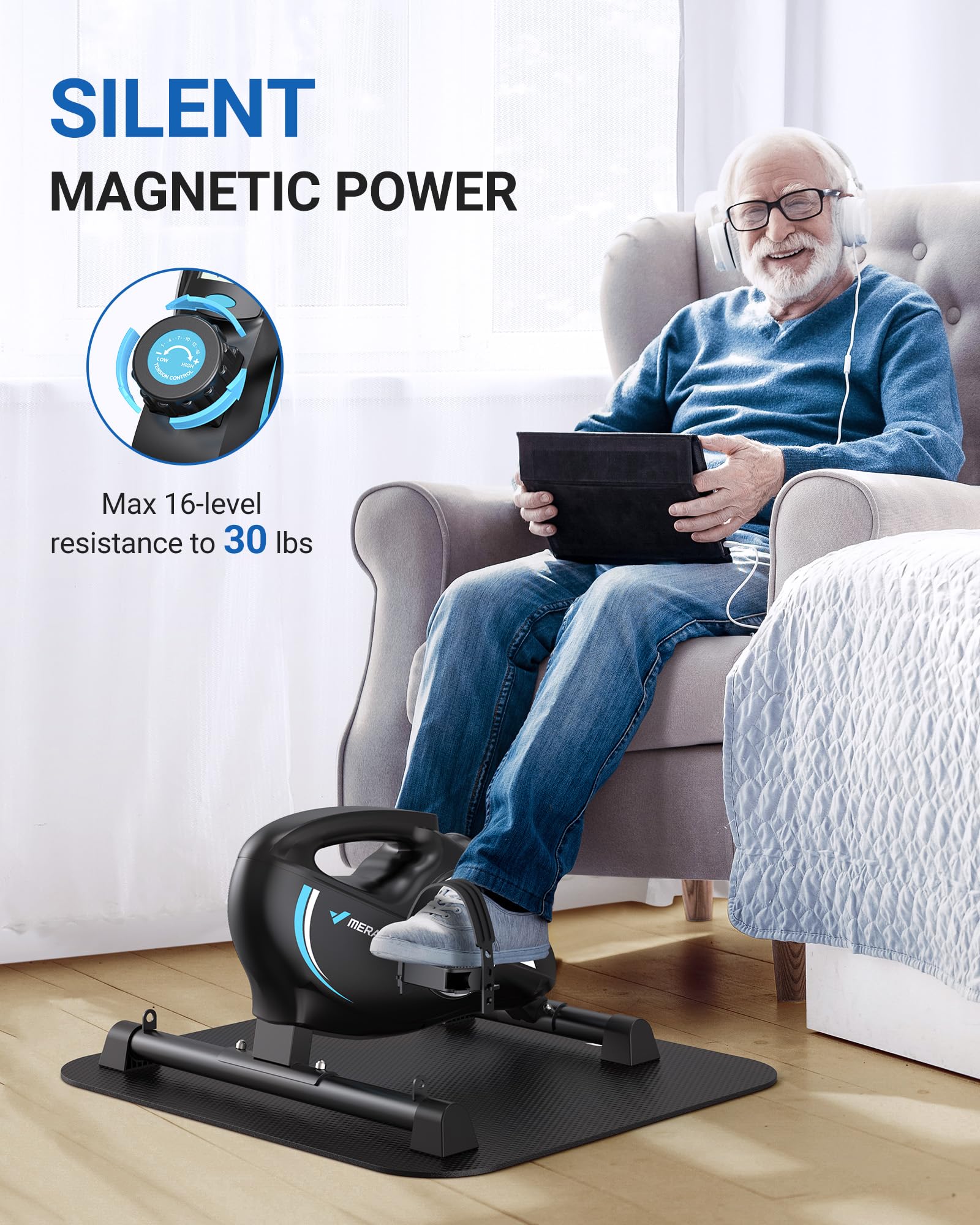 MERACH Under Desk Bike Pedal Exerciser - Quiet Magnetic Mini Exercise Bike with App for Arm & Leg Recovery, Physical Therapy - Smooth Foot Desk Cycle with 2 Resistance Bands & Non-Slip Mat - Perfect for Office Workouts, Home Fitness & Rehabilitation