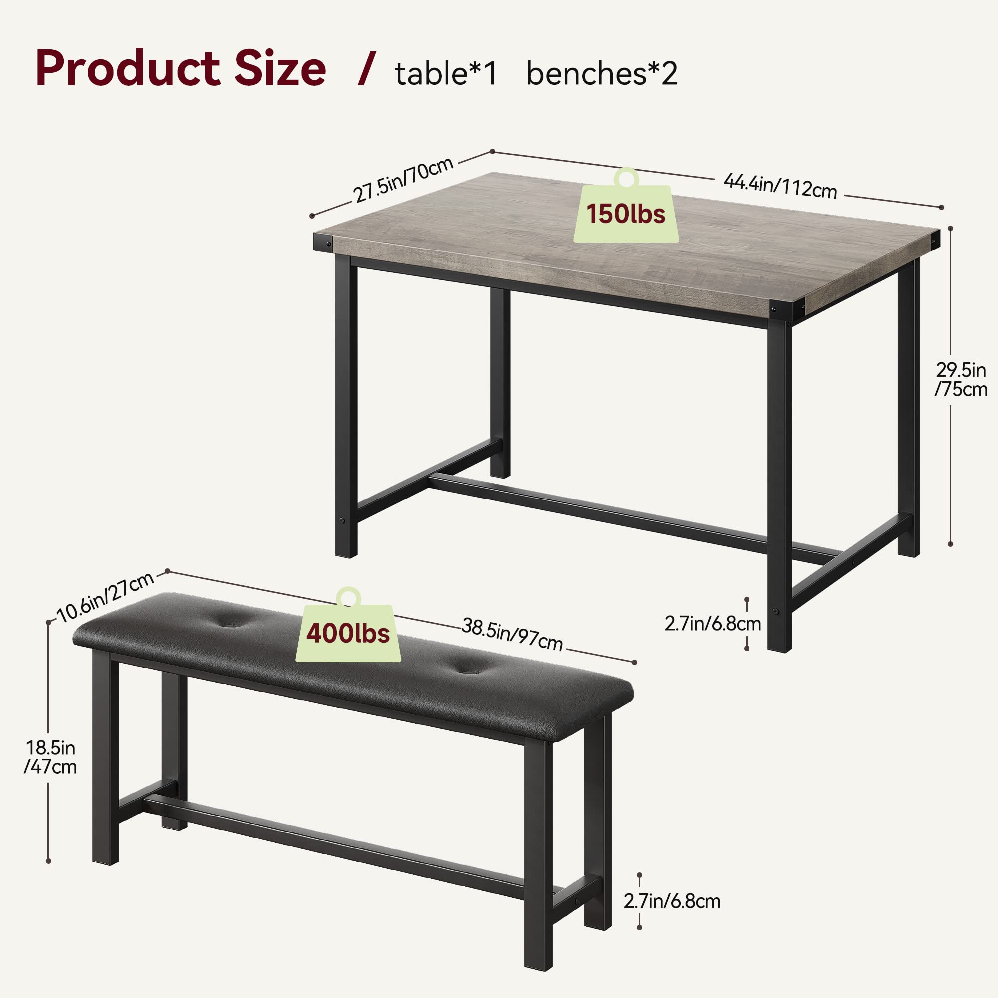 3-Piece Retro Gray Kitchen Table Set with 2 Upholstered Benches - Space-Saving Dining Table for 4, Perfect for Small Apartments, Studios & Compact Spaces | Ideal for Family Meals, Entertaining Guests & Cozy Dining