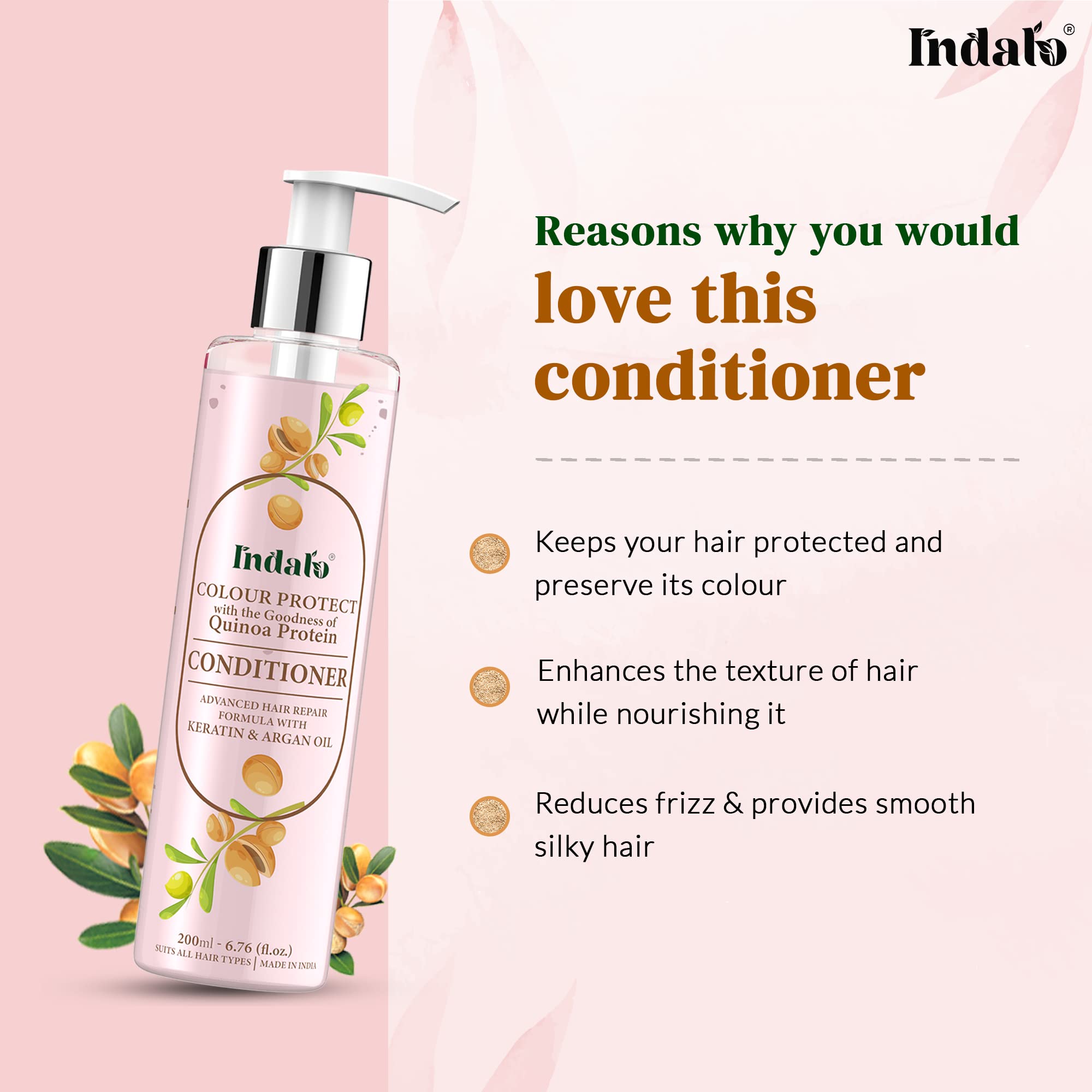 Indalo Quinoa Protein Color Protect Conditioner with Argan Oil - Keratin Treatment for Color-Treated & Damaged Hair - Sulfate Free, Paraben Free (200ml) - Smooth, Nourished Hair for Daily Care & Salon-Quality Results