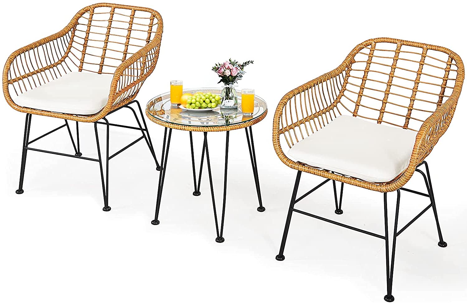 Topment 2-Piece Bistro Set with Rattan Chairs & Tempered Glass Table - Outdoor Patio Furniture with Removable Washable Beige Cushions - Perfect for Cafe, Balcony, Poolside, Garden, and Indoor Use (Pale Brown)