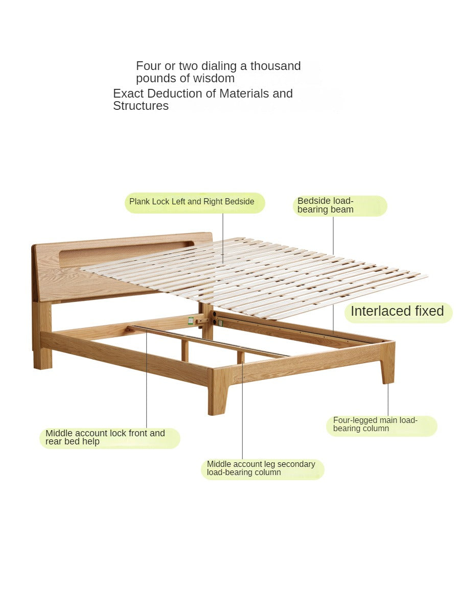 Solid Oak and Beech Wood Bed with Built-in LED Lights and Bookshelf - Modern Bedroom Furniture for Small Spaces, Lofts, and Studio Apartments