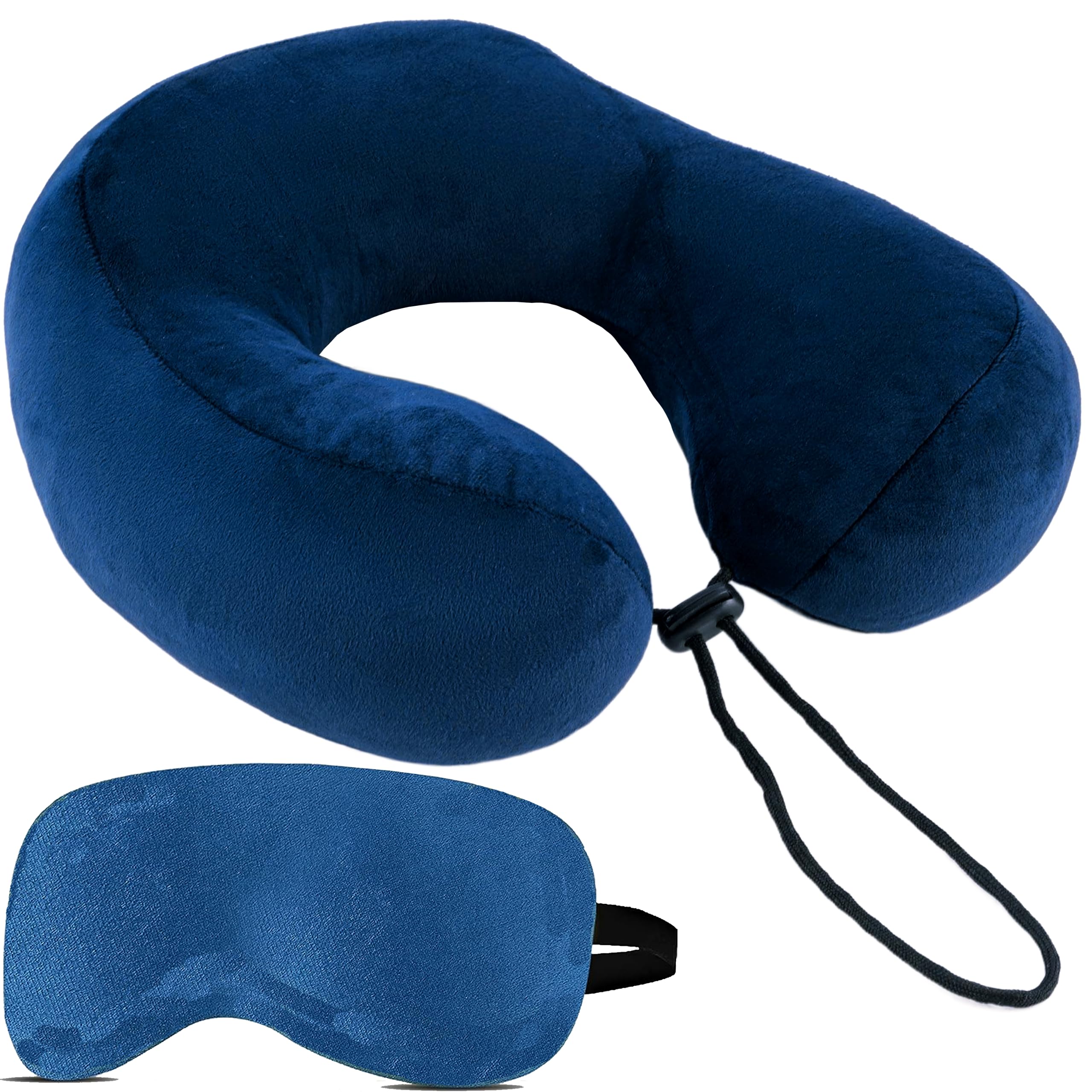Ergonomic Polyester Travel Neck Pillow with Contoured Support & Sleep Eye Mask Set - Blue | 5-Year Warranty | Perfect for Airplane, Car & Train Travel | Relieves Neck Pain & Improves Sleep for Men & Women | Ideal for Long Flights, Road Trips & Commuting