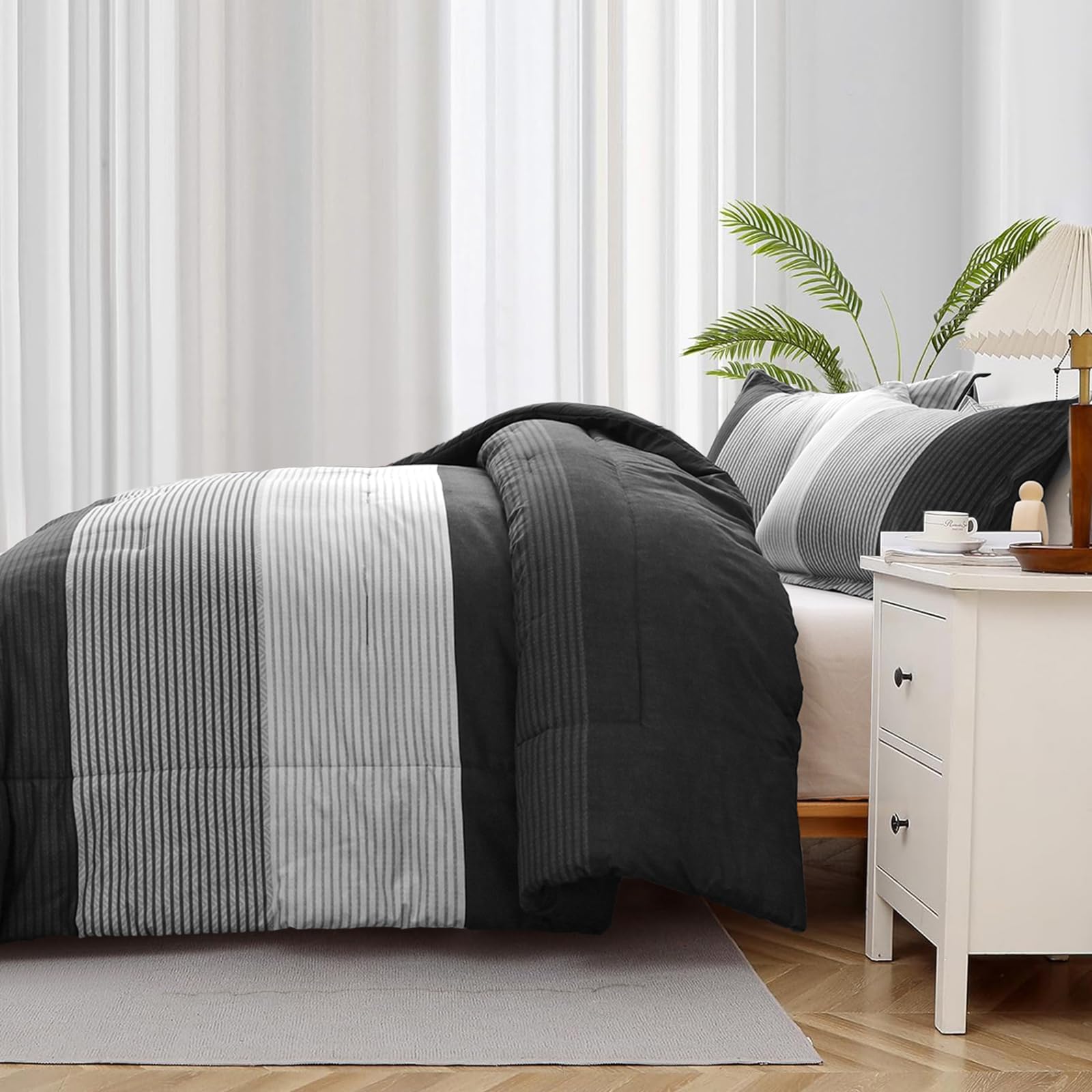 WONGS BEDDING King Size Black Comforter Set - Reversible Black Striped Down Alternative Duvet Cover with 2 Pillowcases (104