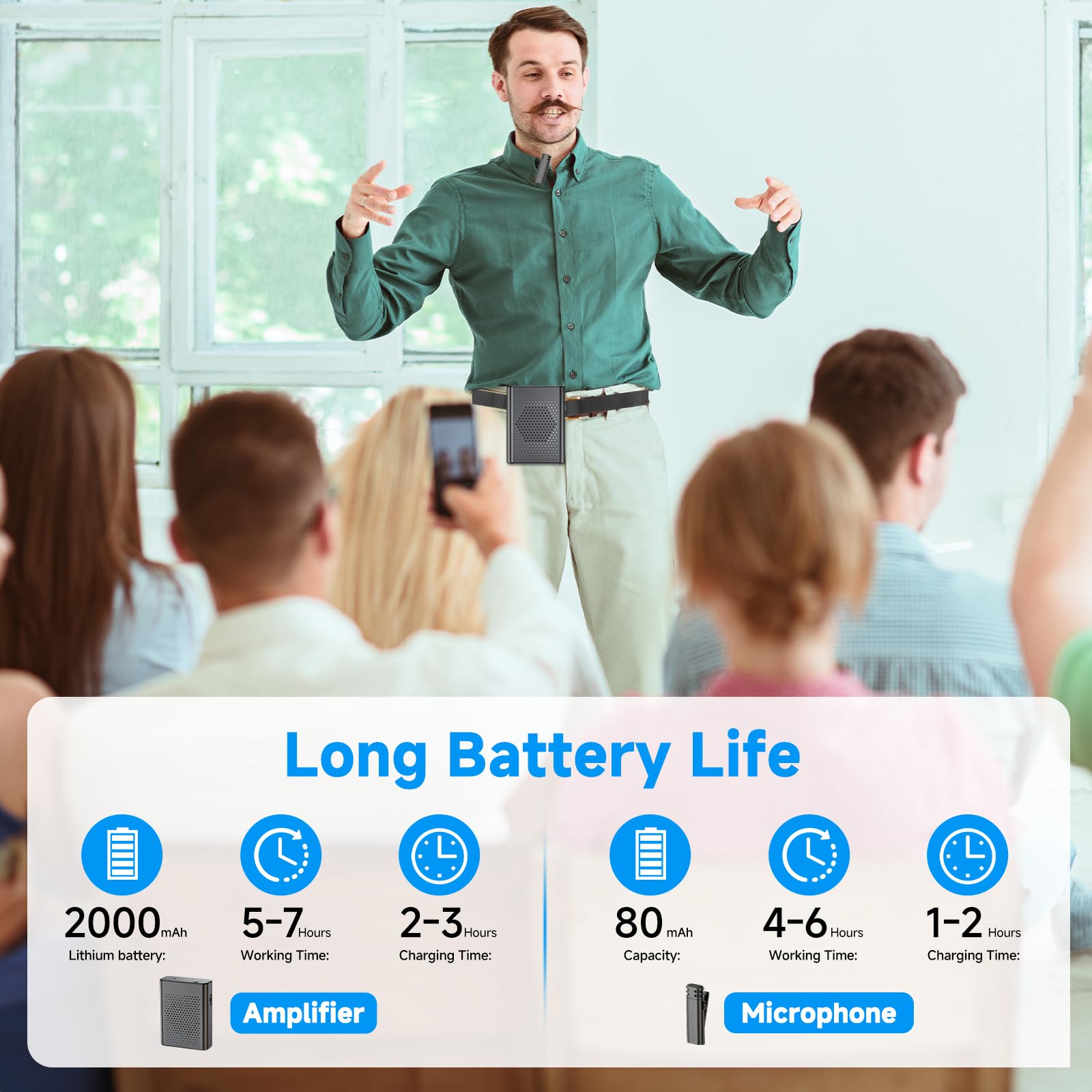 Portable Rechargeable Wireless Voice Amplifier with Lavalier Microphone & Waistband - Hands-Free Speaker for Teachers, Trainers, Tour Guides, Coaches & Public Speakers | Ideal for Classroom Lectures, Outdoor Tours, Fitness Coaching & Presentations