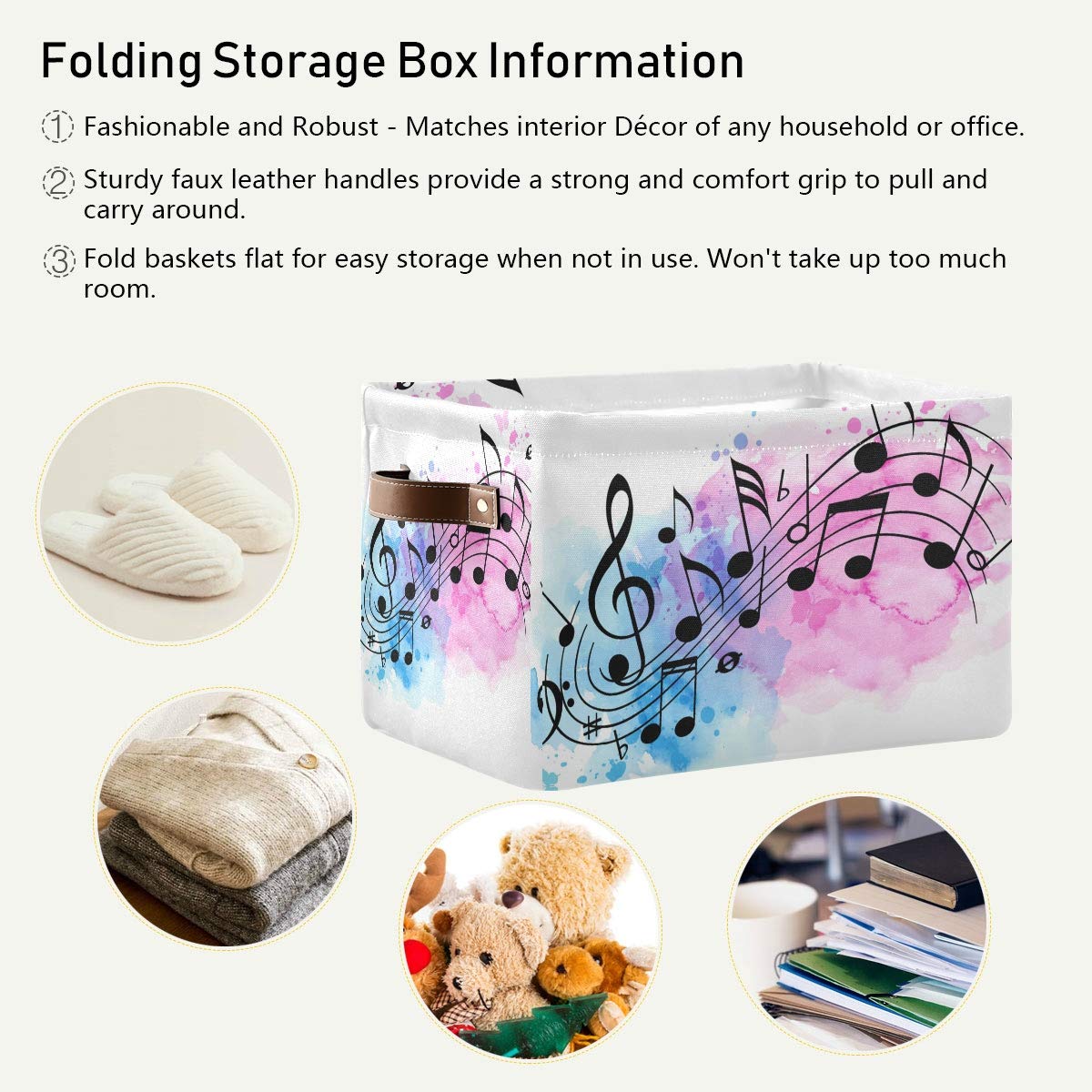 Abstract Music Notes Canvas Storage Basket - Collapsible Fabric Bin with PU Leather Handles for Toys, Wardrobe & Closet Organization | Perfect for Nursery, Playroom & Bedroom Storage