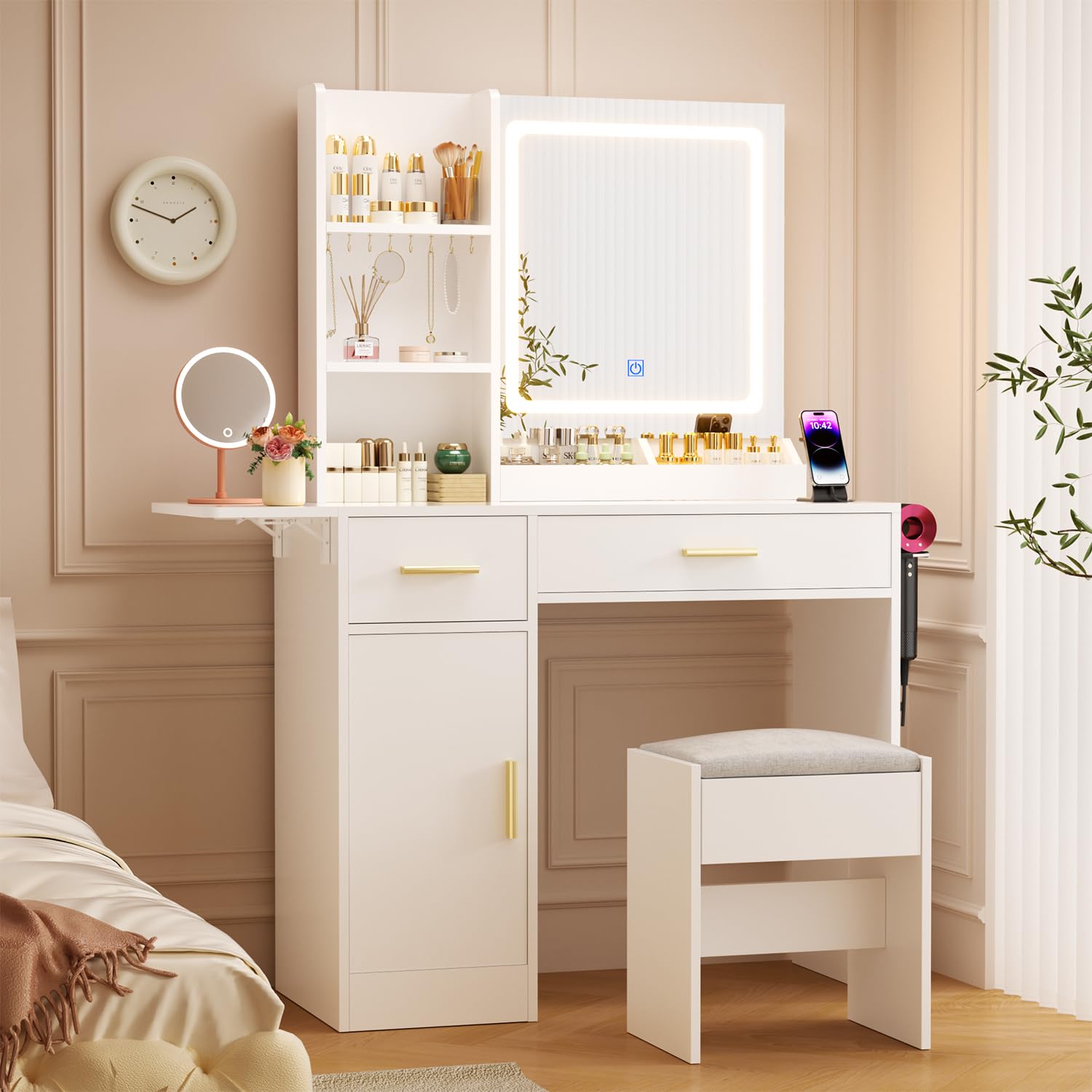 Vanity Desk with Mirror and LED Lights - 35.43