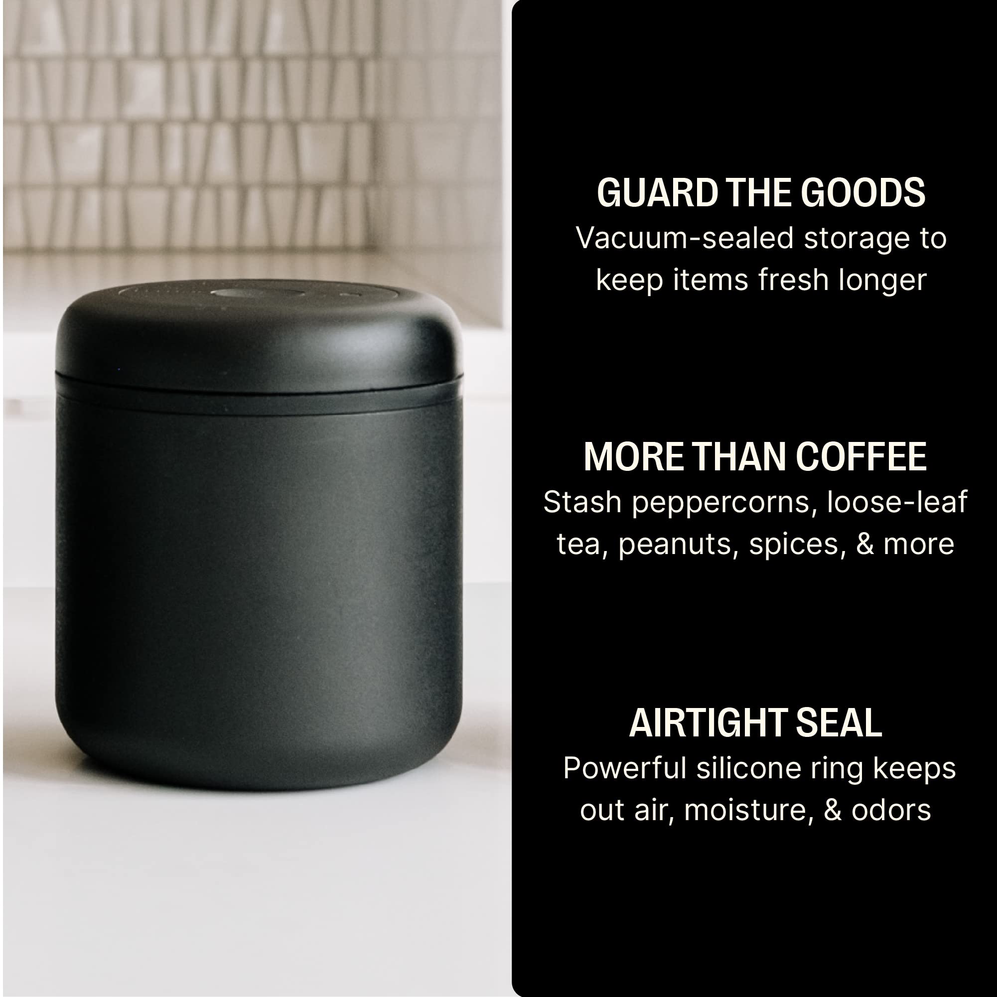 Fellow Atmos Vacuum Coffee Canister & Airtight Food Storage Container - 0.7L (11oz) Coffee Bean Keeper - Matte Black - Perfect for Kitchen, Pantry & Fresh Coffee Storage