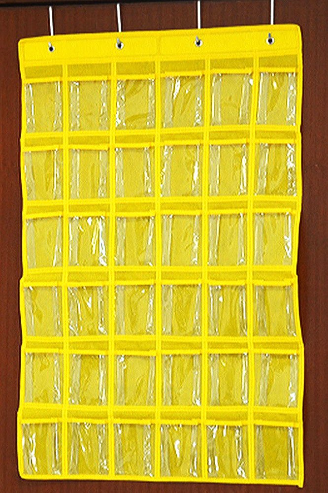 36-Pocket Hanging Cell Phone Holder Organizer for Classroom - Yellow | Wall-Mounted Storage Solution for Phones, Tablets & School Supplies