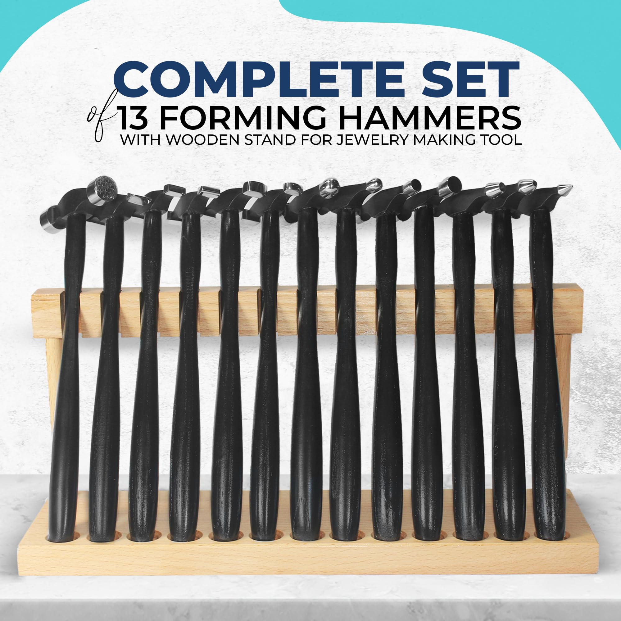 13-Piece Jewelry Making Tool Set with Texture Forming Metal Hammers & Wooden Stand - Professional Jewelers Hammer Kit for Metal Stamping, Shaping & Forming - Perfect for DIY Jewelry Crafting & Metalworking Projects