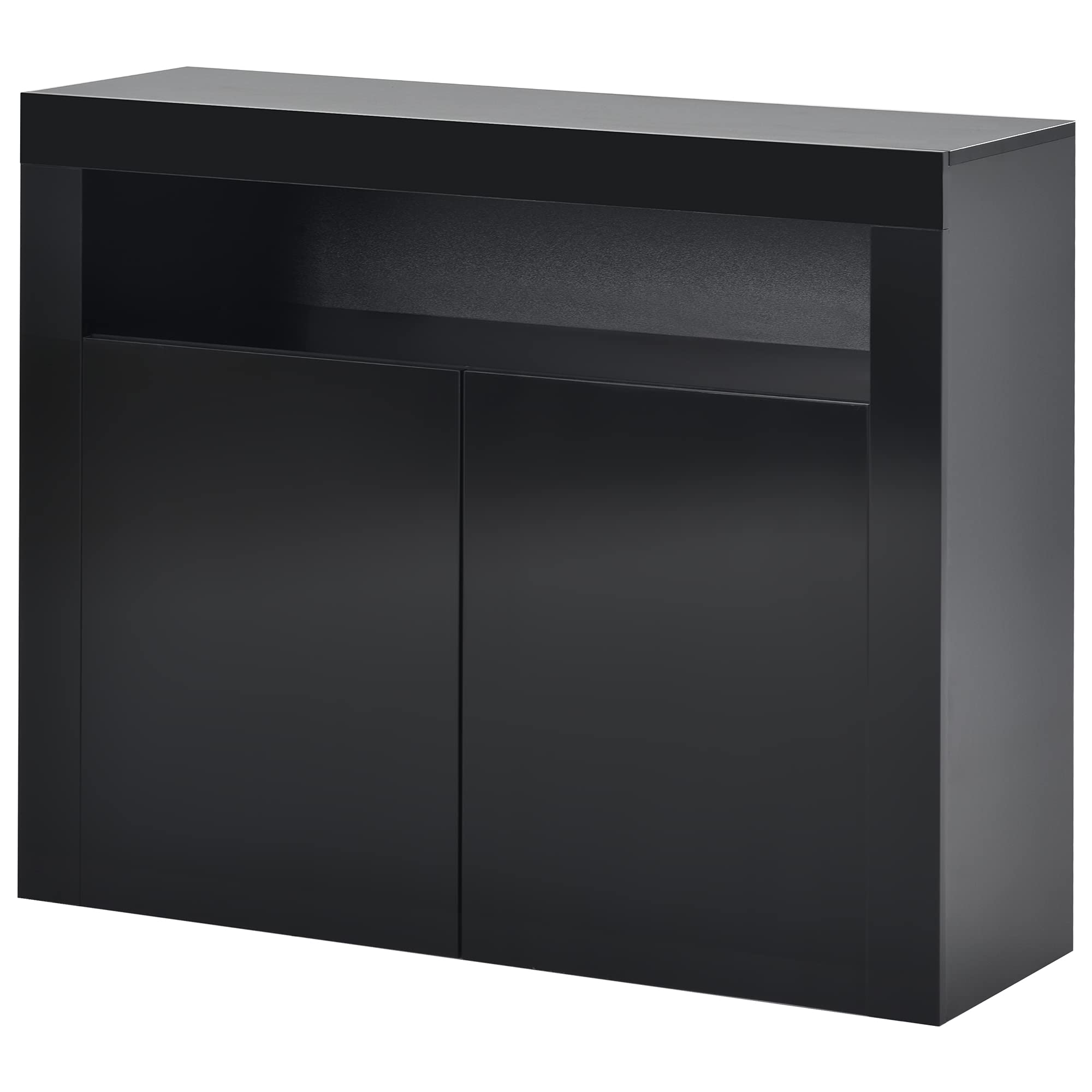 Modern High Gloss LED Sideboard with Remote Control - Wooden Buffet Storage Cabinet with Display Shelf for Kitchen, Dining Room & Living Room - Perfect for Home Decor, Entertaining & Stylish Storage (Black)