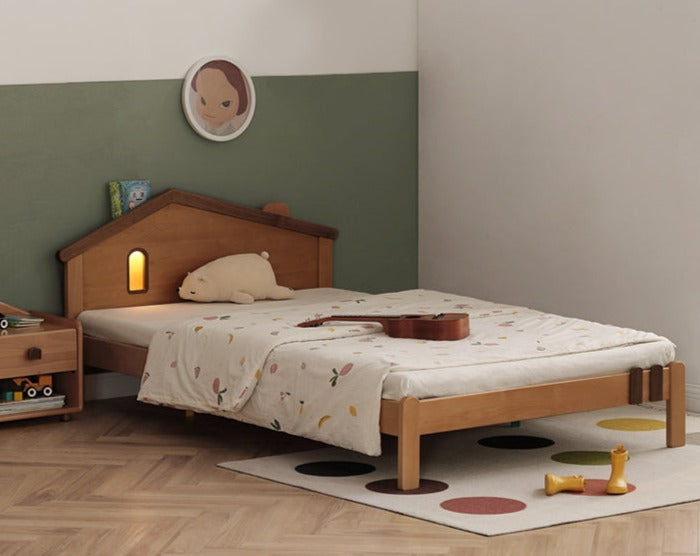 Kids Wooden Bed with Night Light - Beech & Poplar Little House Design with 15-Minute Auto Light Off - Perfect for Bedrooms, Playrooms & Cozy Sleep Spaces