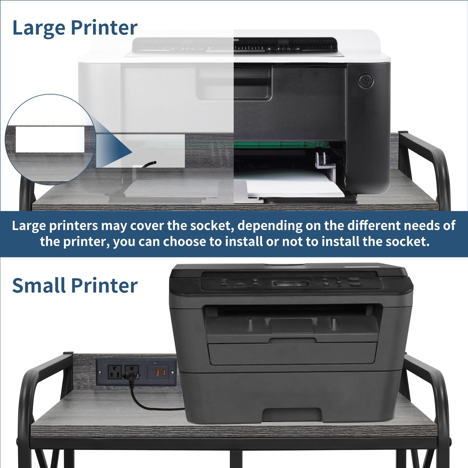 23 x 18 Inch Rolling Printer Stand with Storage Shelf & Power Outlet - Mobile Printer Cart Tower for Home Office, Wheels for Easy Movement - Grey Oak Finish | Perfect for Workspace Organization & Small Office Equipment Storage