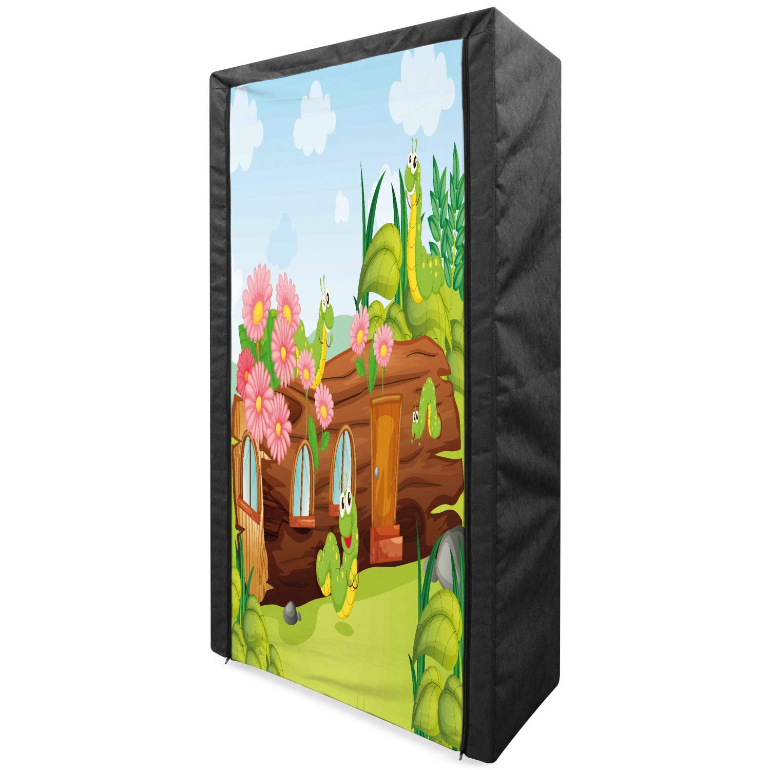 Ambesonne Tree Portable Fabric Wardrobe with Shelves | Smiling Worms in Wooden Tree House Animal Print | 33.5